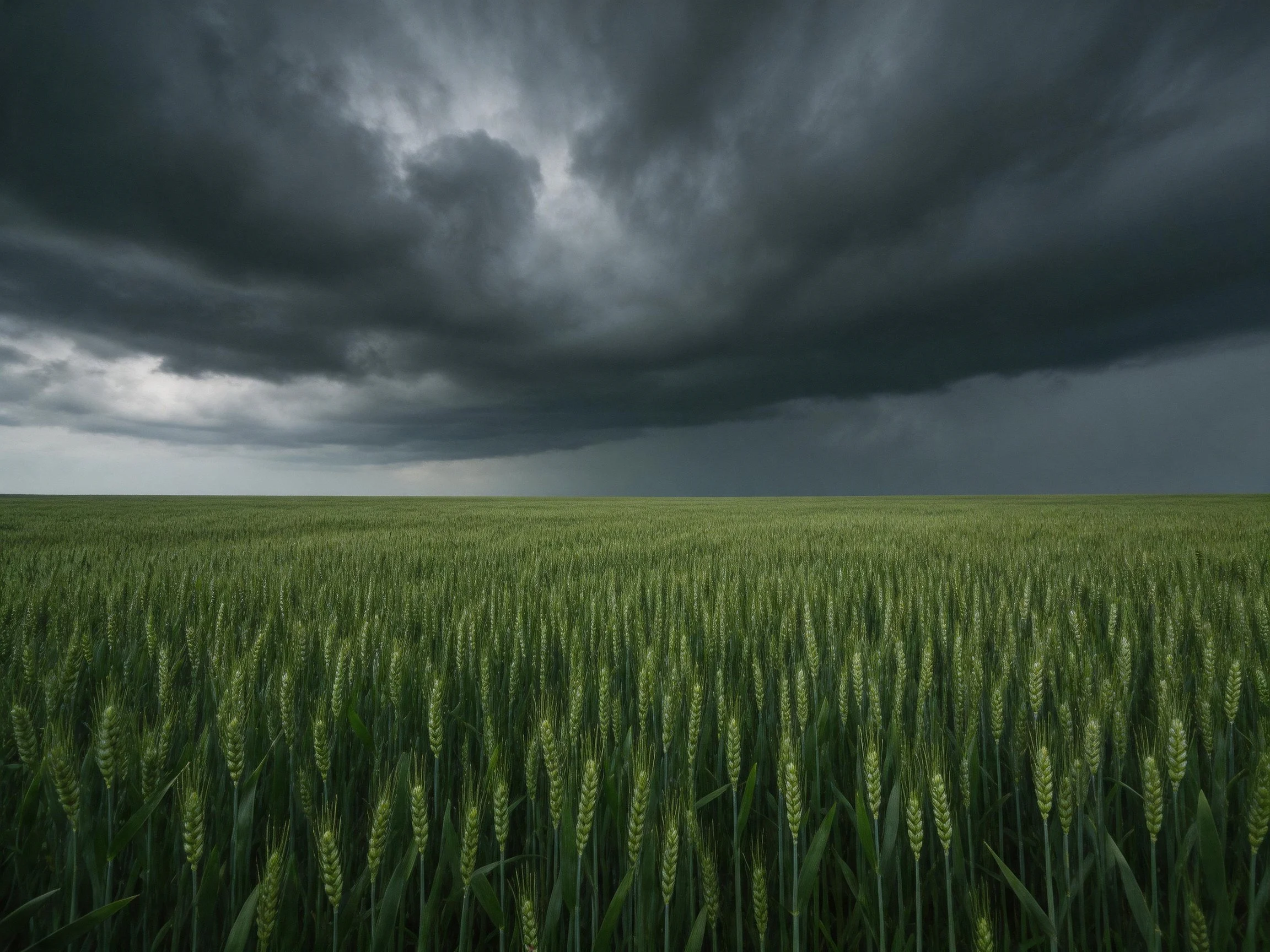 Dark storm clouds loom over a sprawling green agricultural field