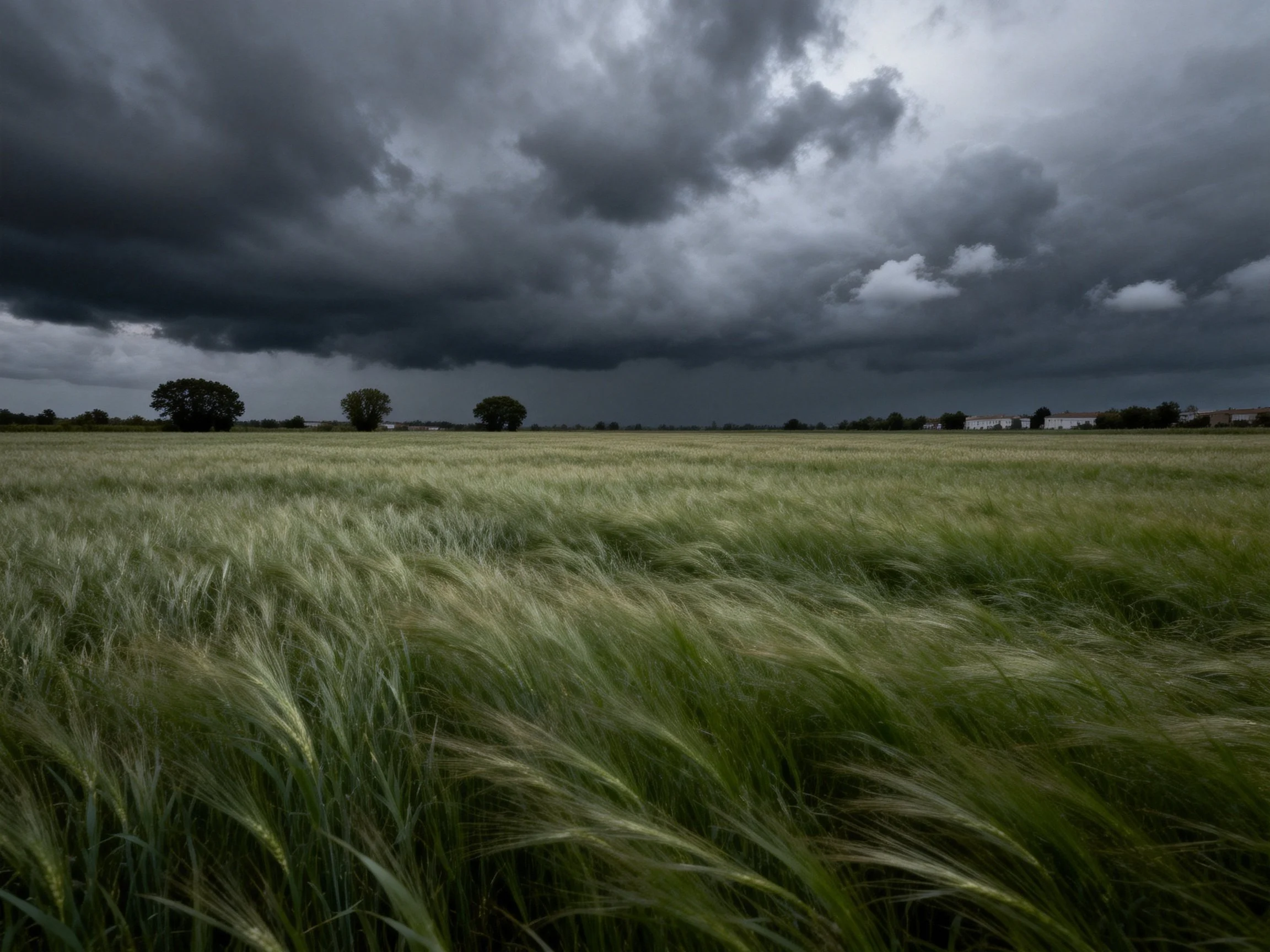 Dark storm clouds loom over a vast green grain field