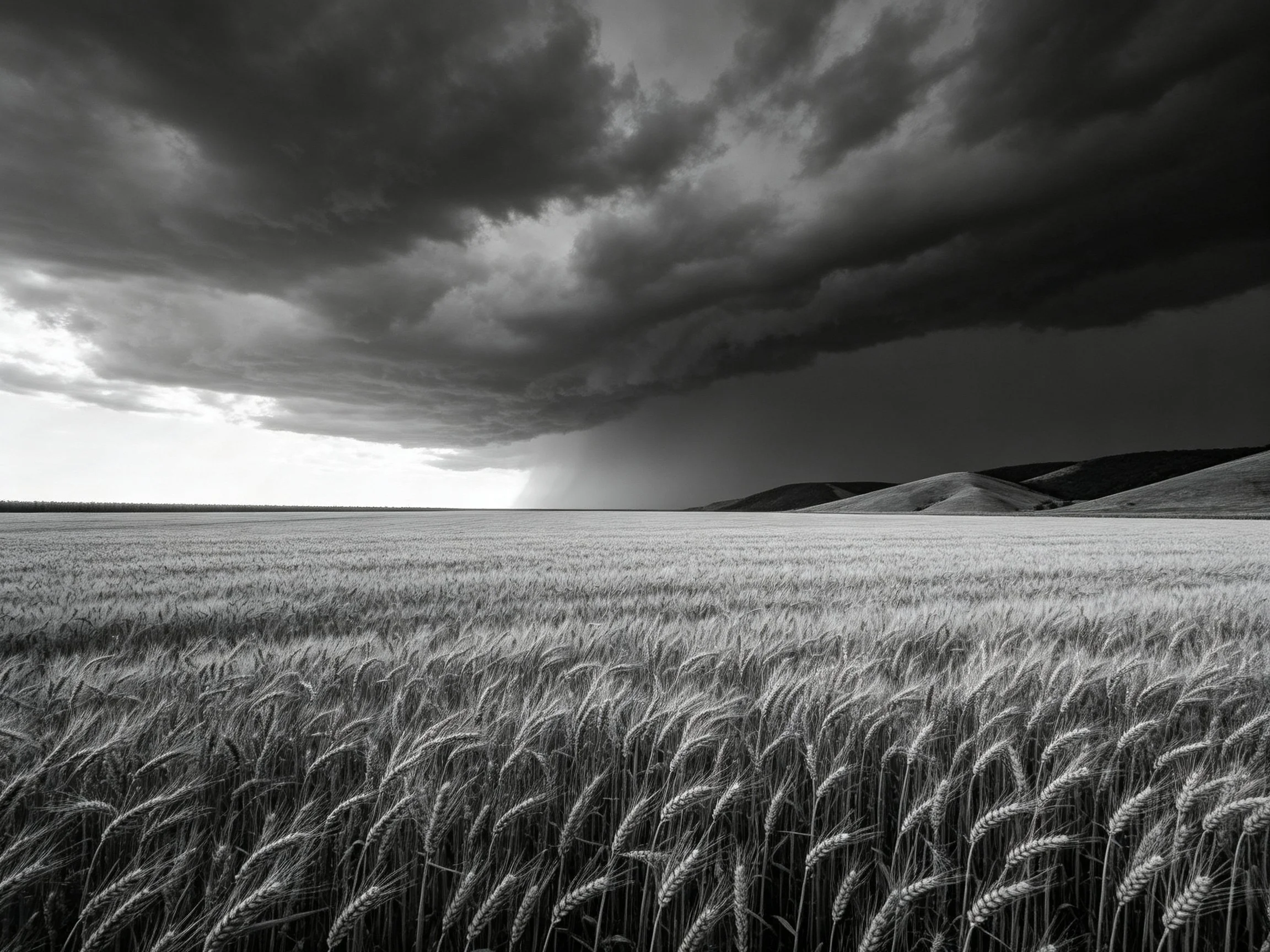 Dark storm clouds loom over a vast wheat field