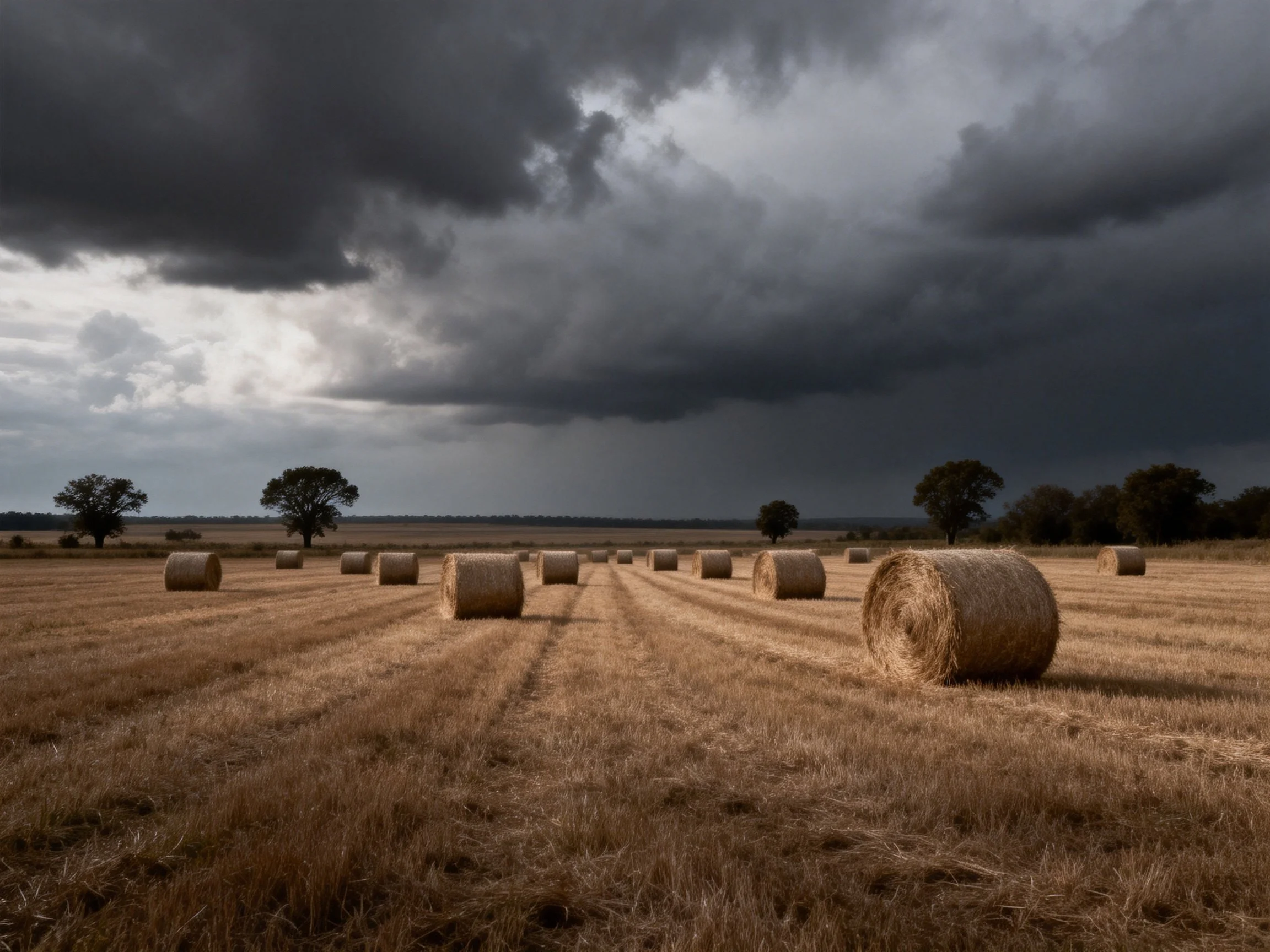 Dark storm clouds loom over golden hay bales in expansive field