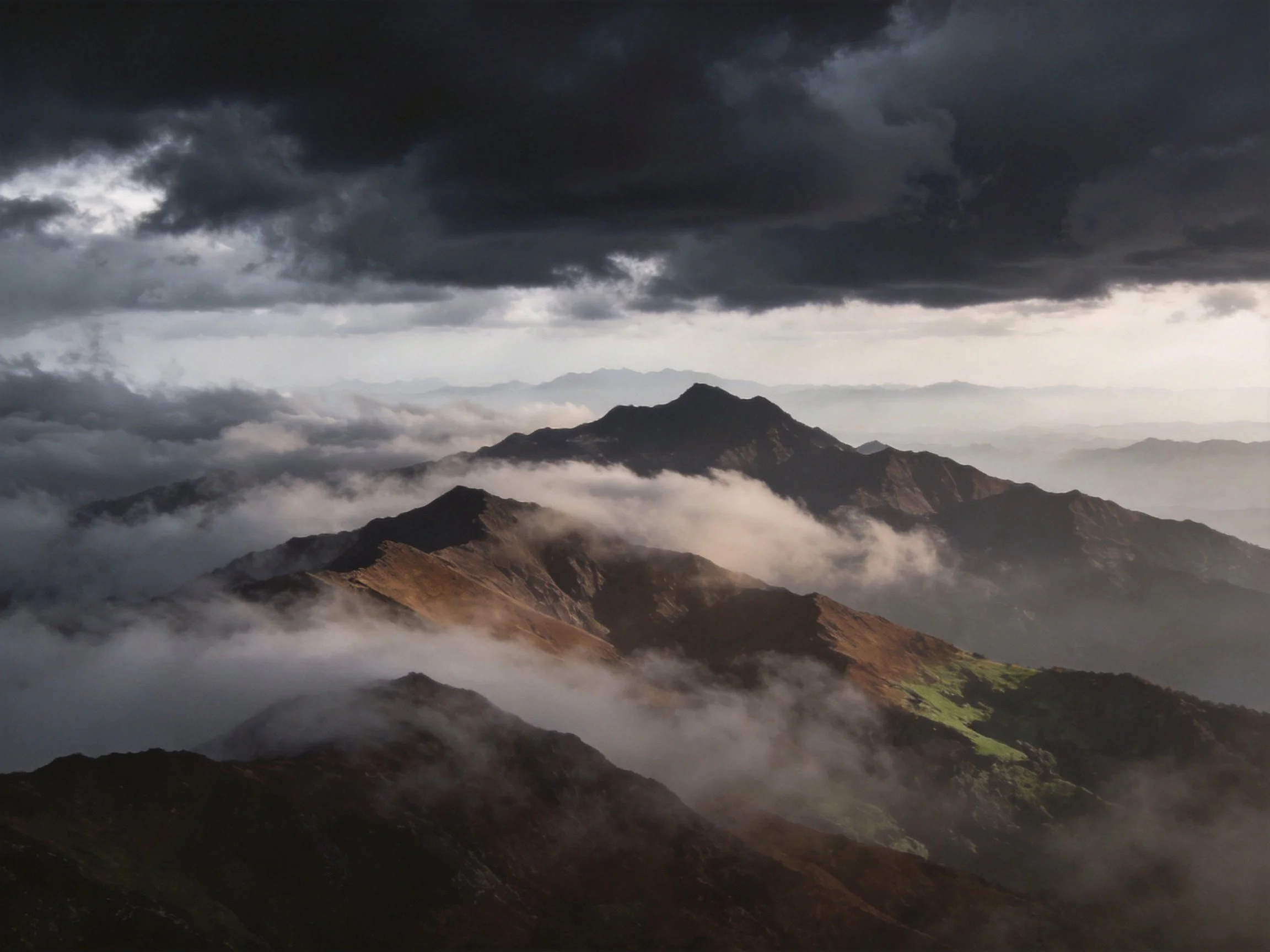 Dark storm clouds loom over layered mountain peaks with mist