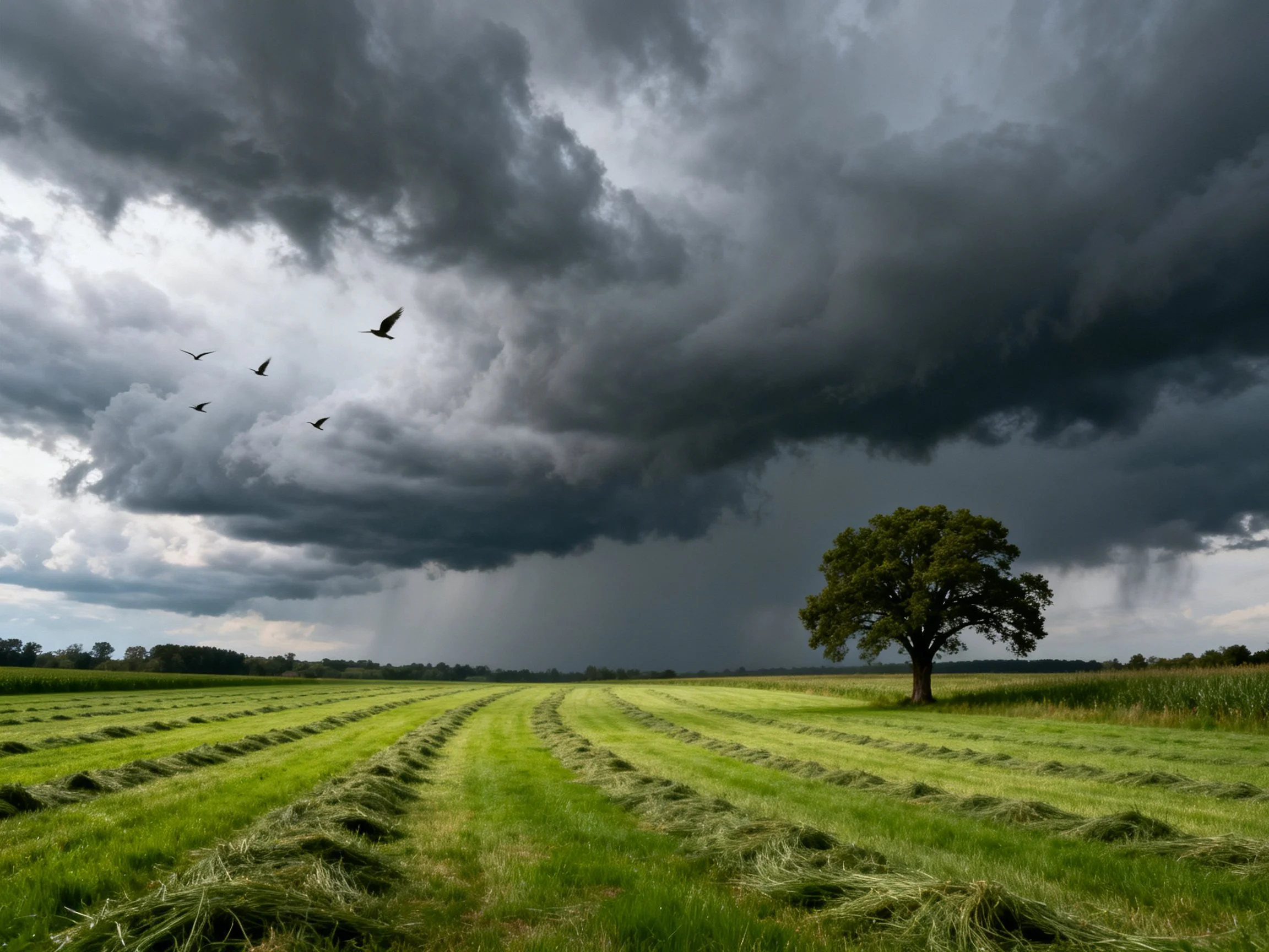 Dark storm clouds loom over lush green fields with lone tree