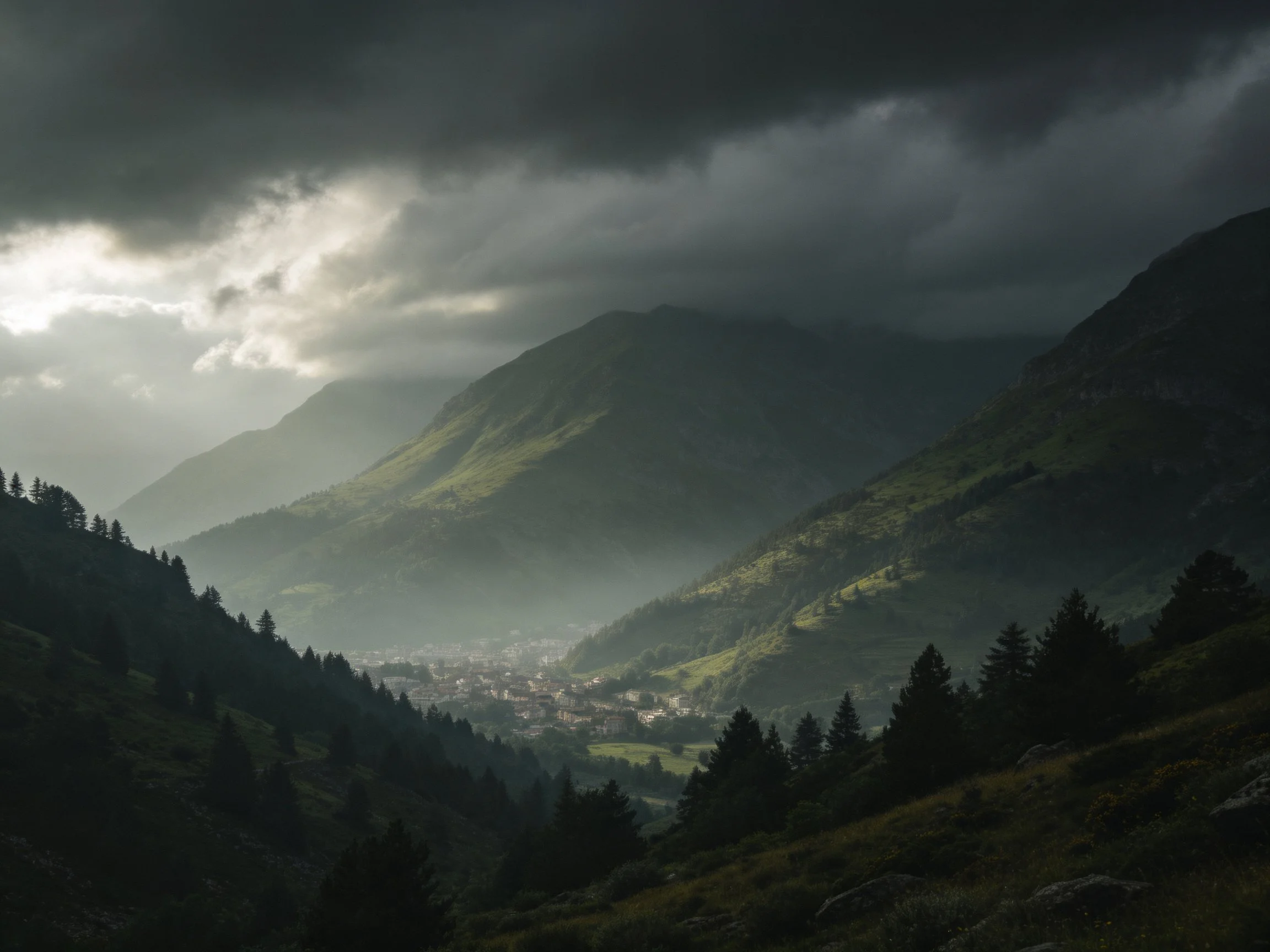 Dark storm clouds loom over lush green mountain slopes with a valley town below.