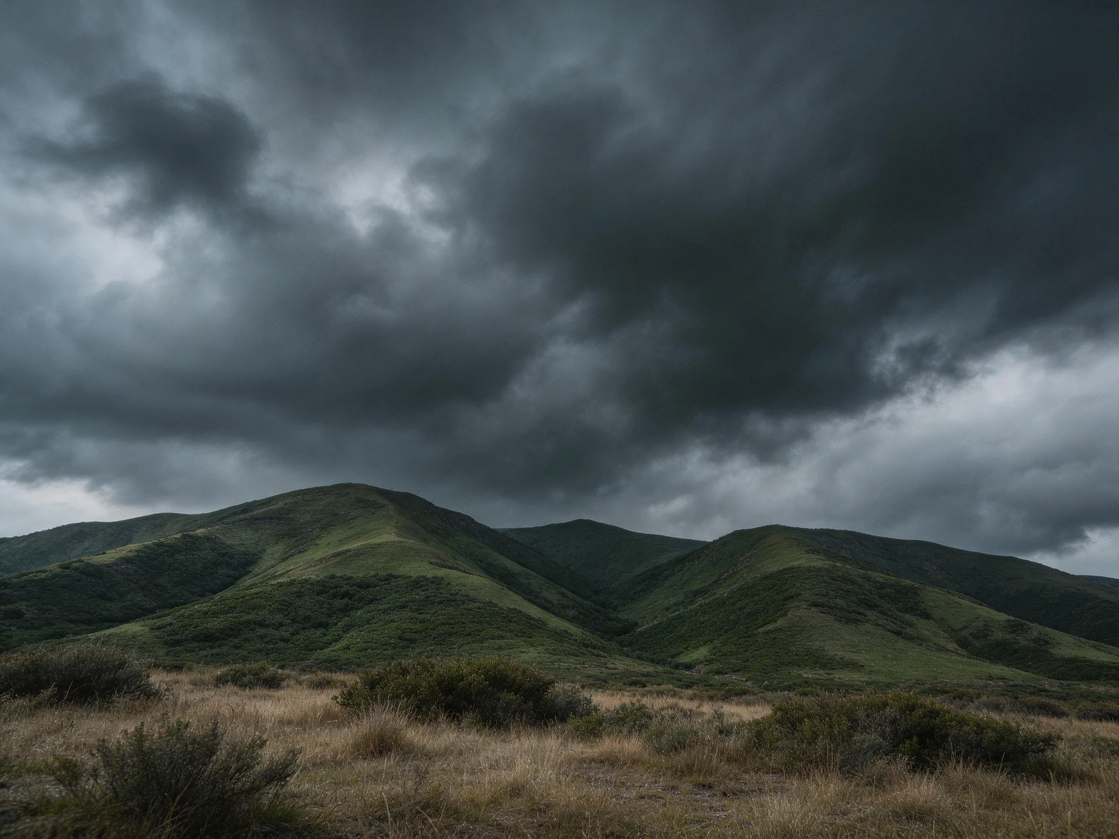 Dark storm clouds loom over rolling green mountain ranges