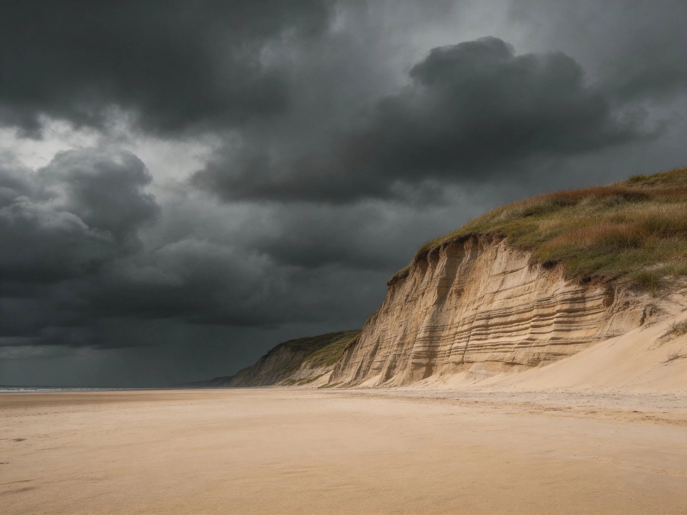 Dark storm clouds loom over sandy beach with layered coastal cliffs