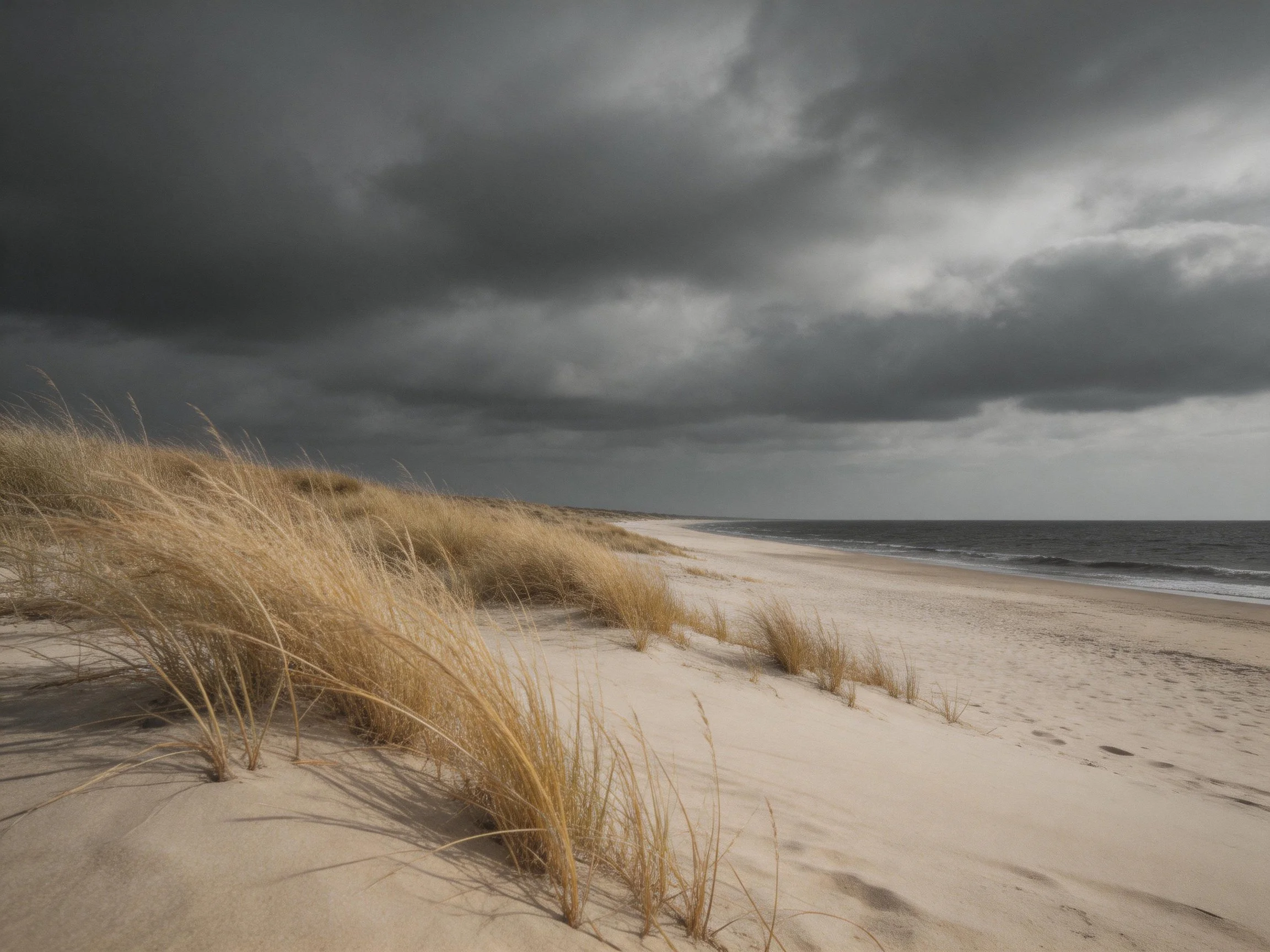 Dark storm clouds loom over sandy dunes and calm shoreline
