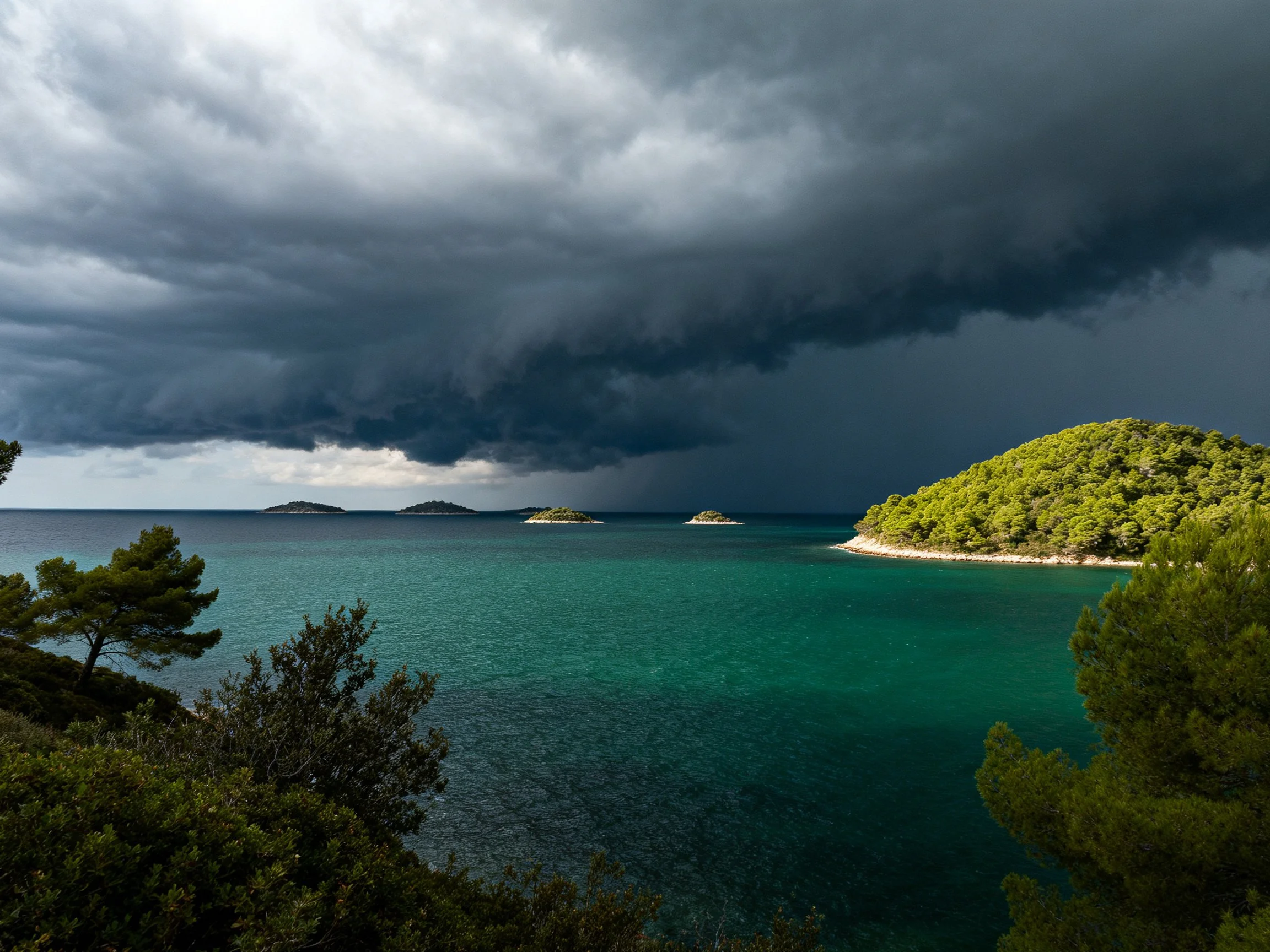 Dark storm clouds loom over turquoise waters and lush green islands