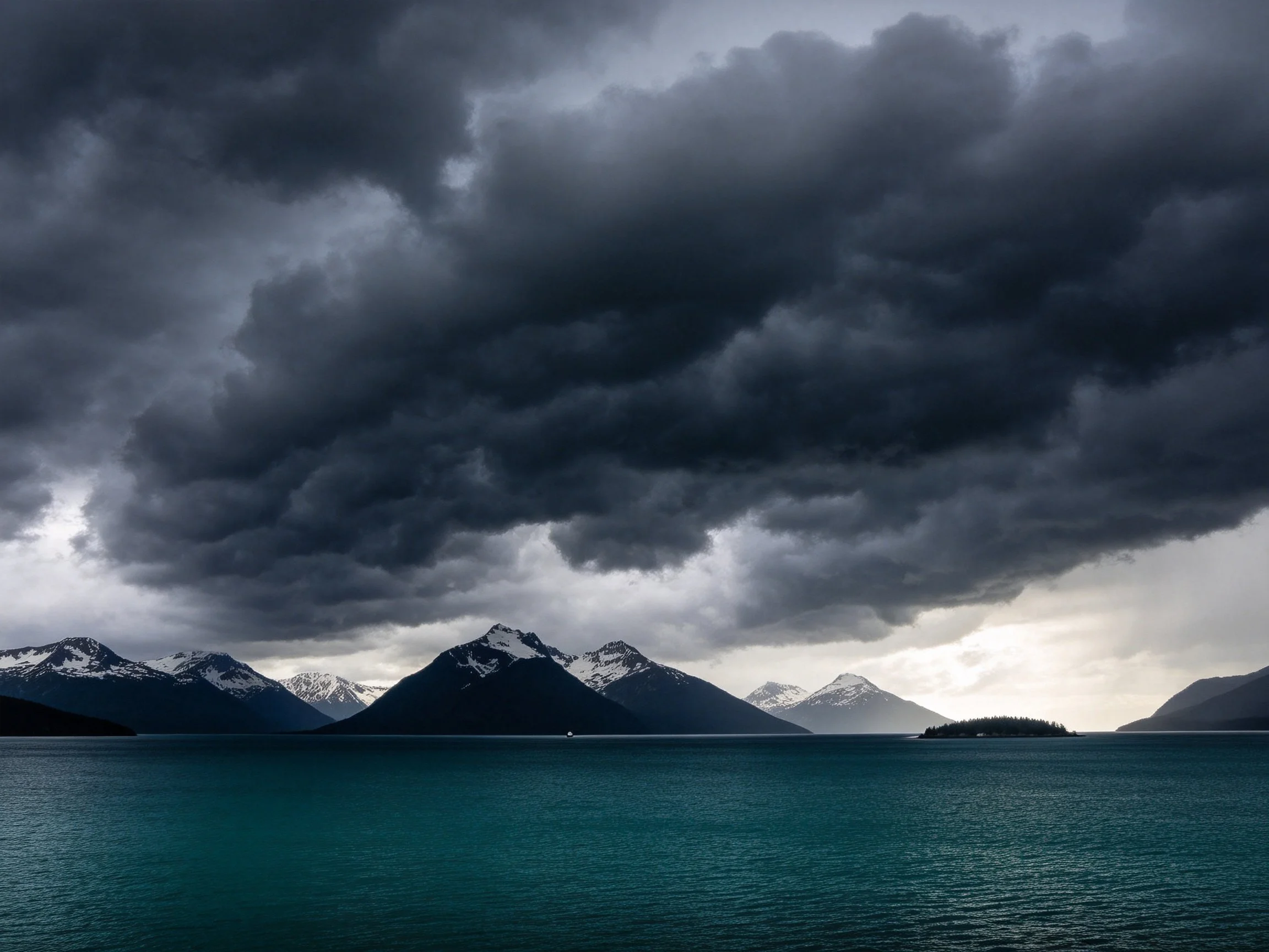 Dark storm clouds loom over turquoise waters and mountain peaks