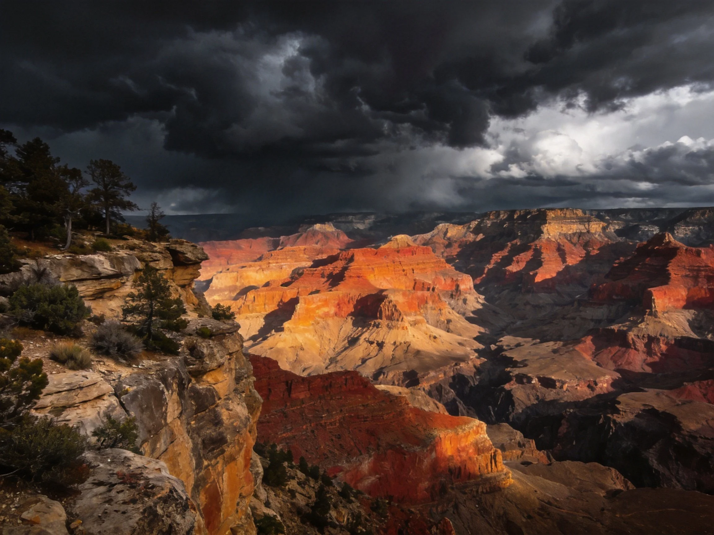 Dark storm clouds loom over vibrant red canyon formations