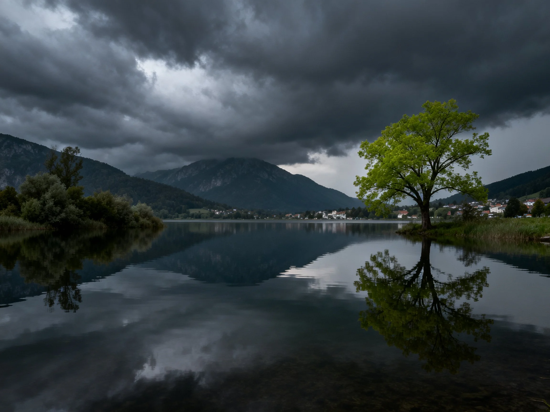 Dark storm clouds over a serene lake with a bright tree