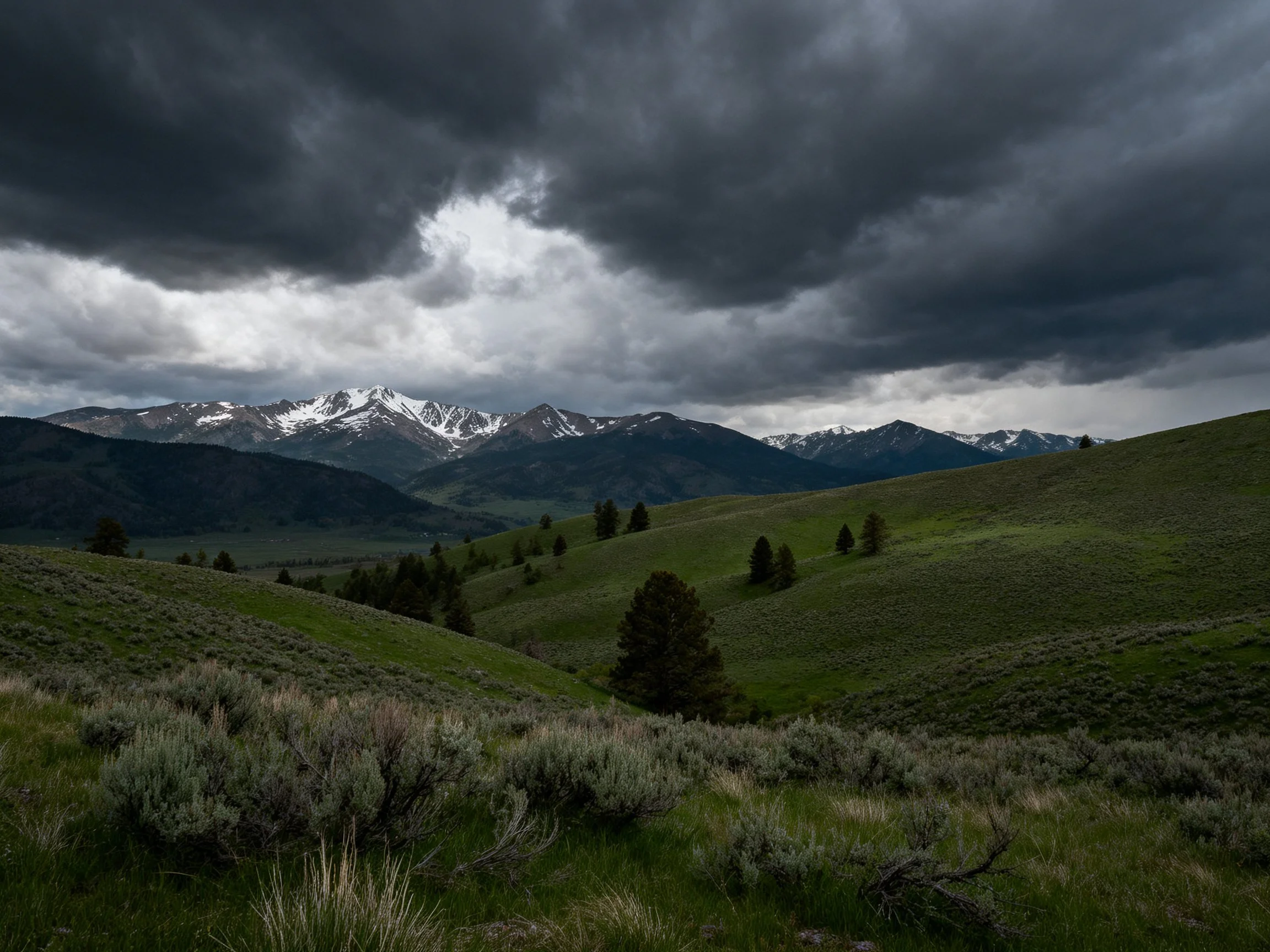 Dark storm clouds over green rolling hills and distant snowy peaks