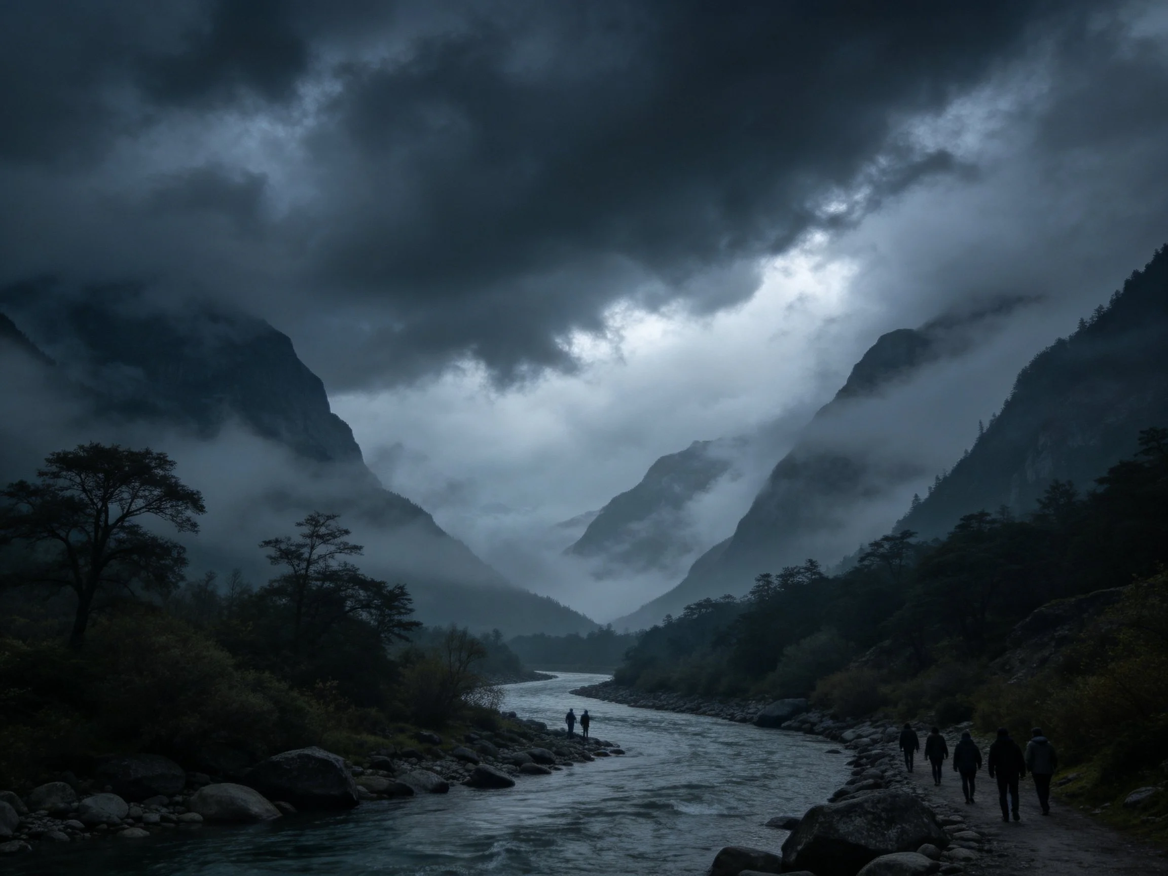 Dark storm clouds over misty mountain valley with winding river