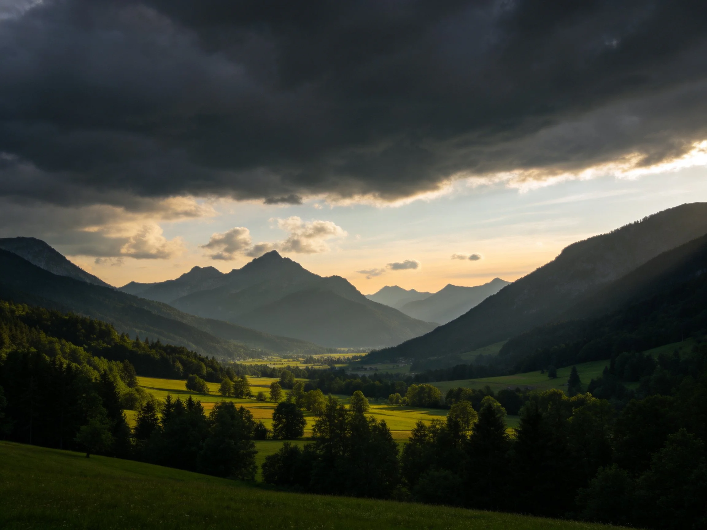 Dark storm clouds over mountain valley with golden sunlight