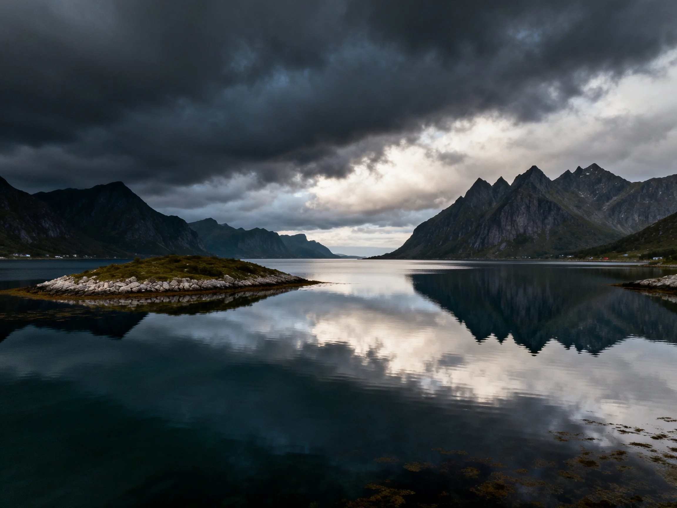 Dark storm clouds over mountainous fjord with mirror-like waters