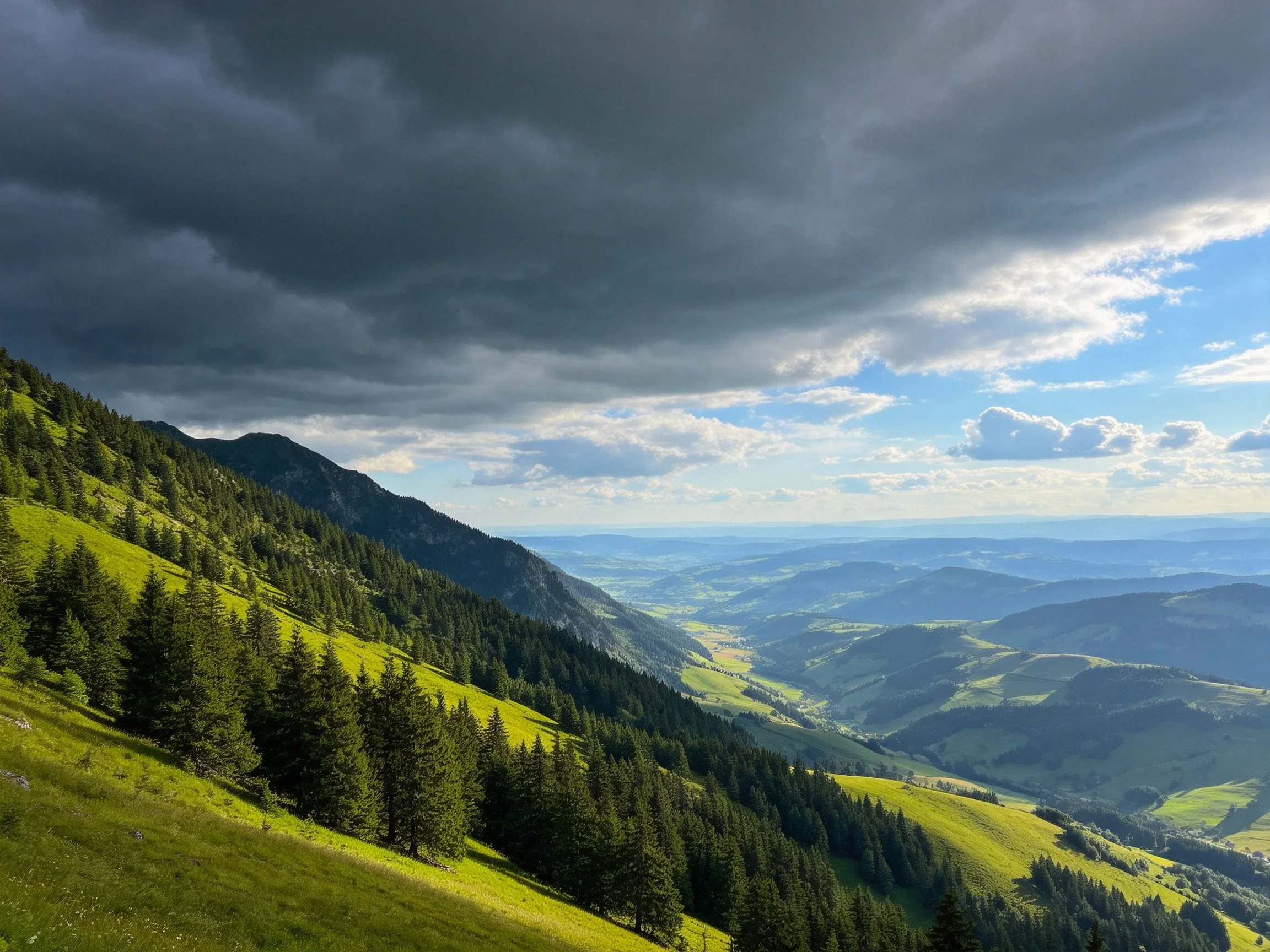 Dark storm clouds over verdant mountain slopes with dense pine forests