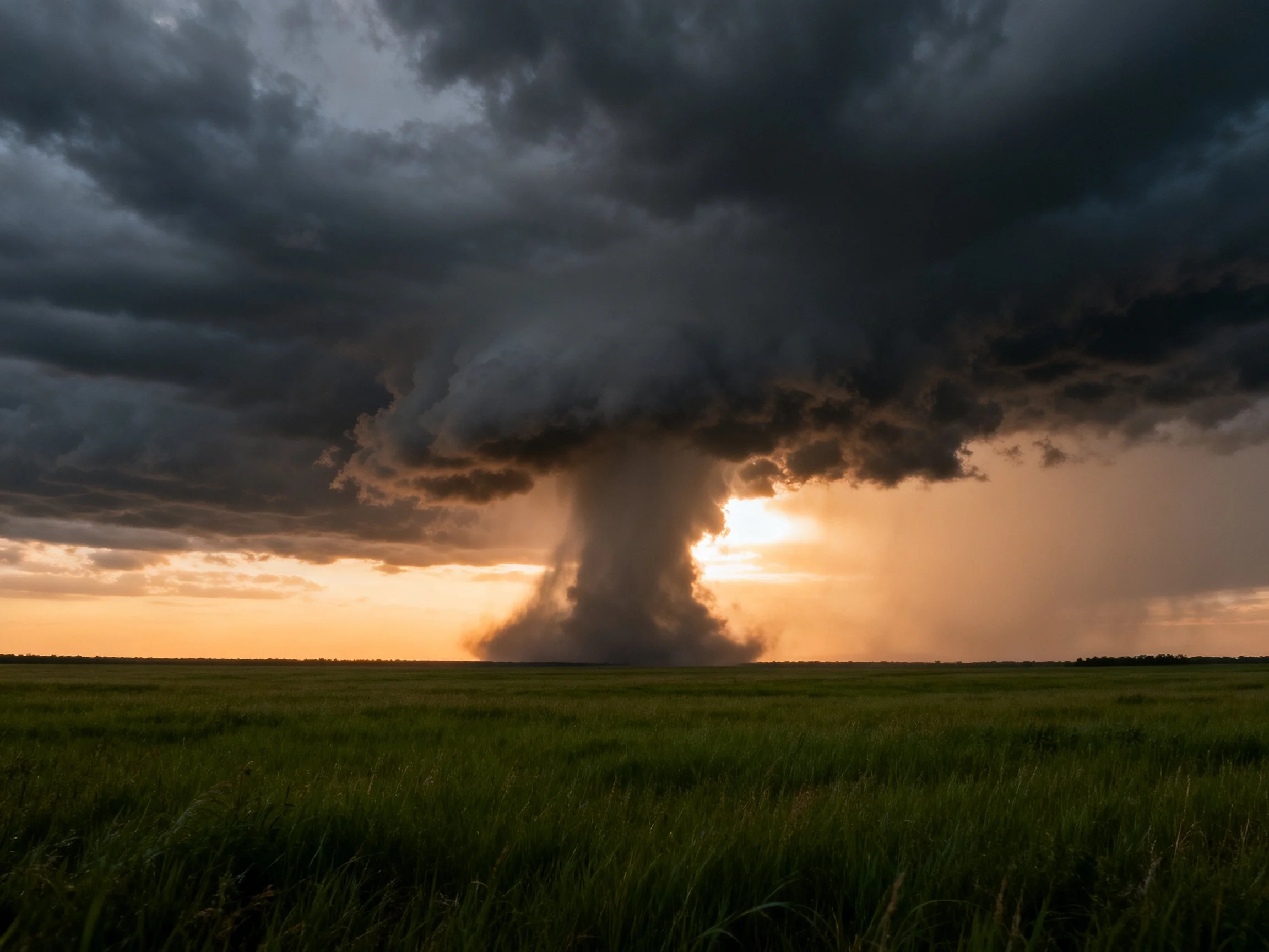 Dark storm clouds tower over a tornado in an open green field during sunset.