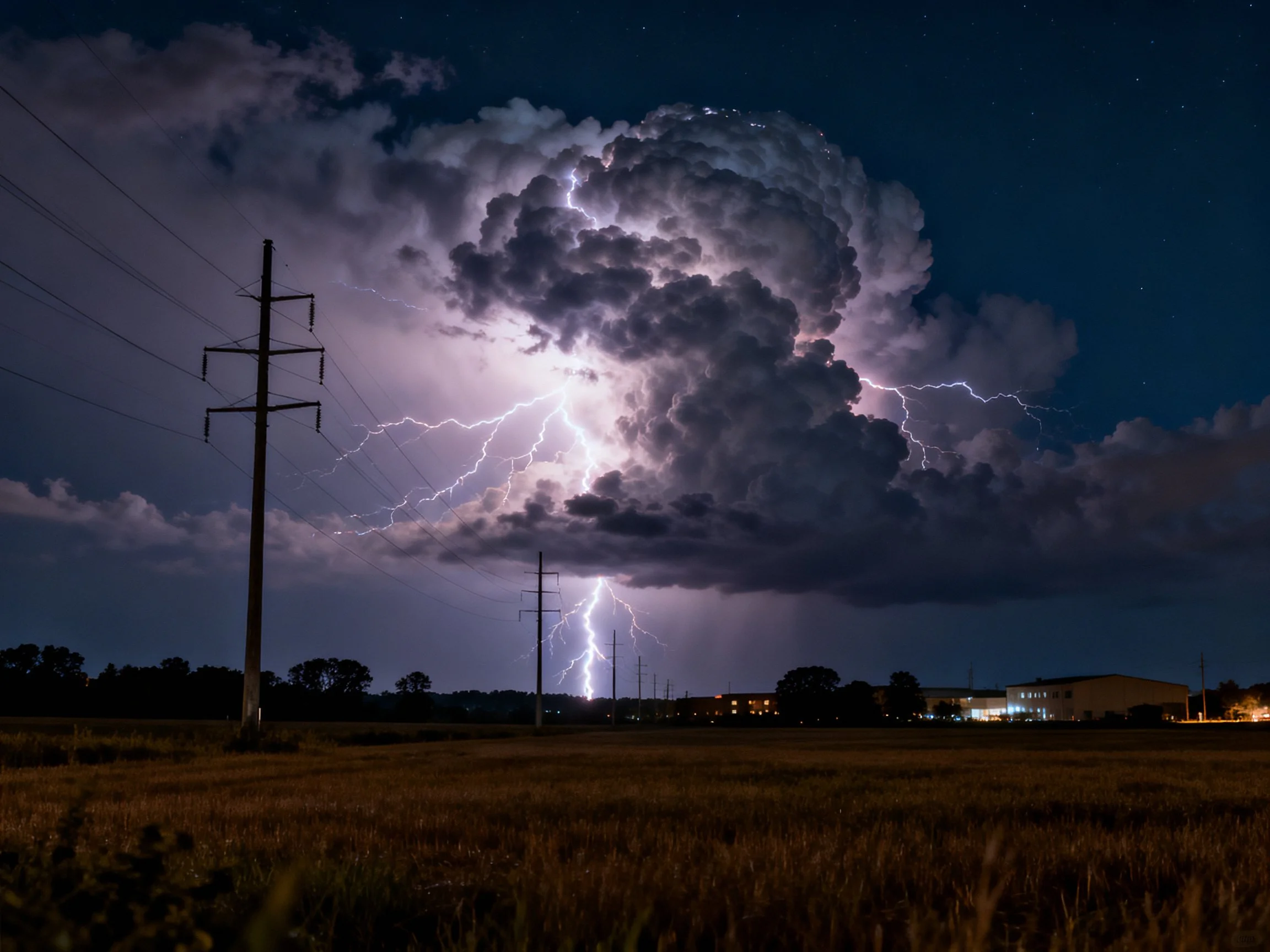 Dark storm clouds with lightning strike over rural landscape
