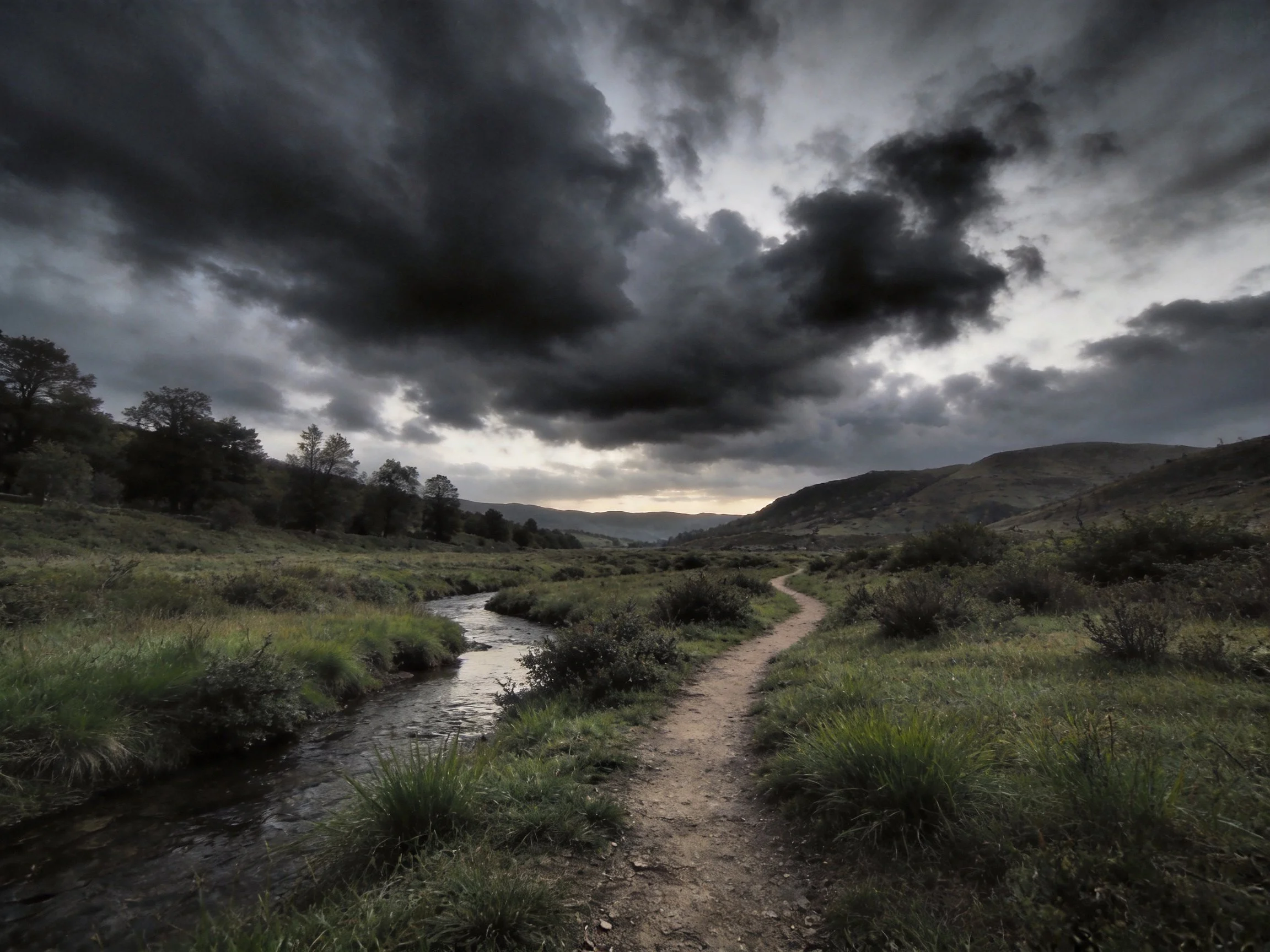 Dark stormy clouds hover over winding dirt path and stream