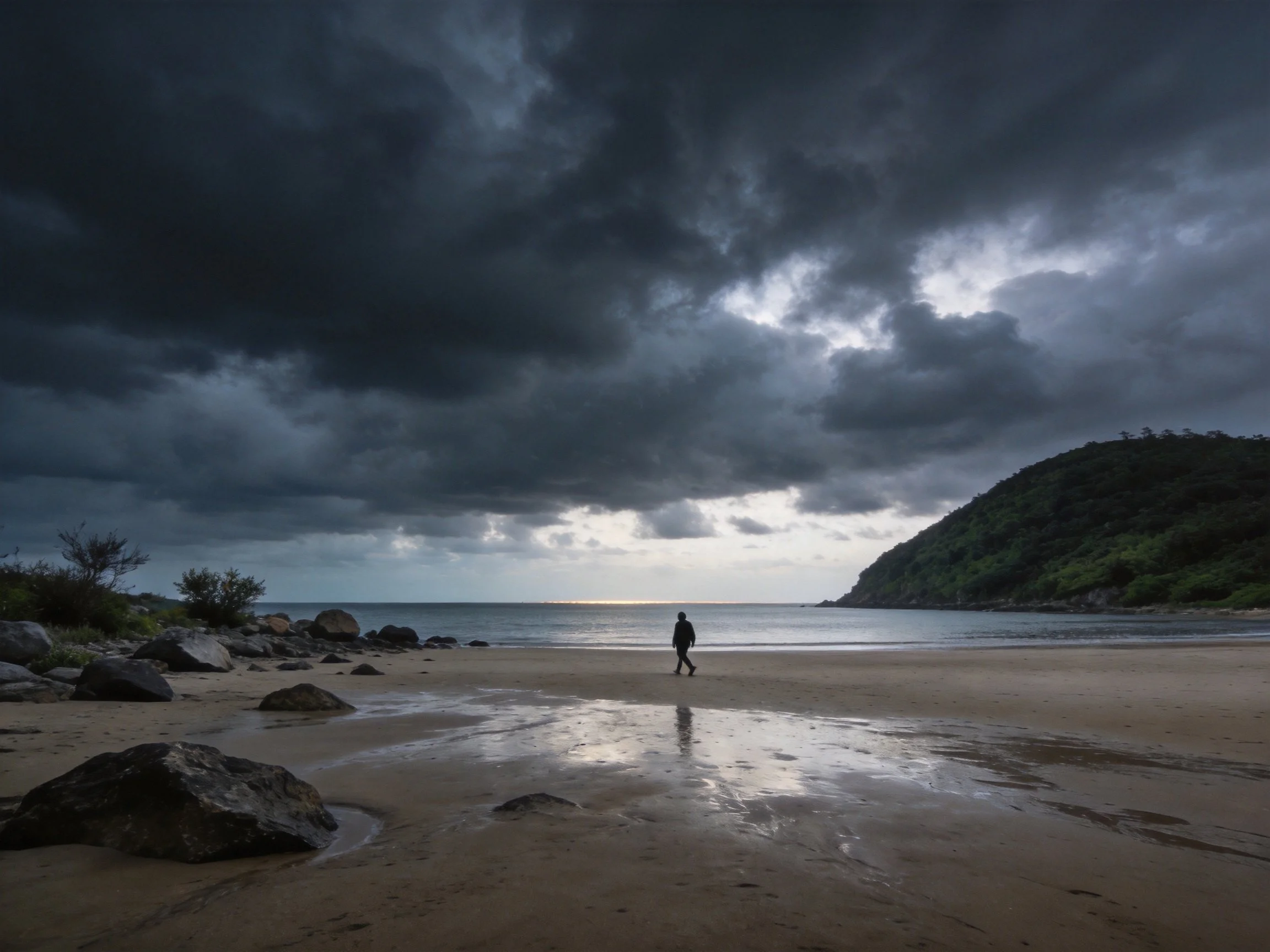 Dark stormy clouds loom over rocky sandy shore with lone figure.