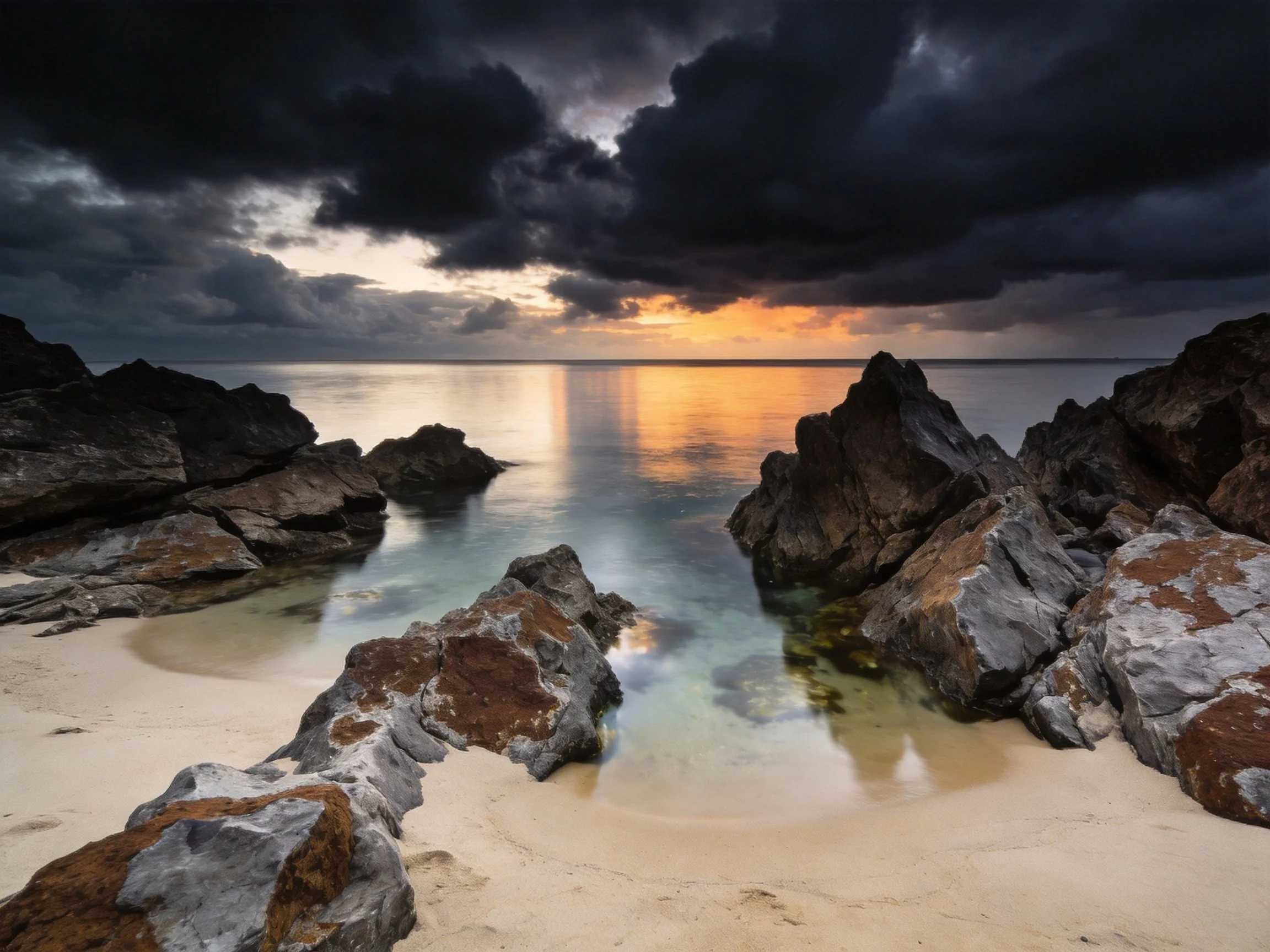 Dark stormy clouds over a rocky coastal shoreline at sunset