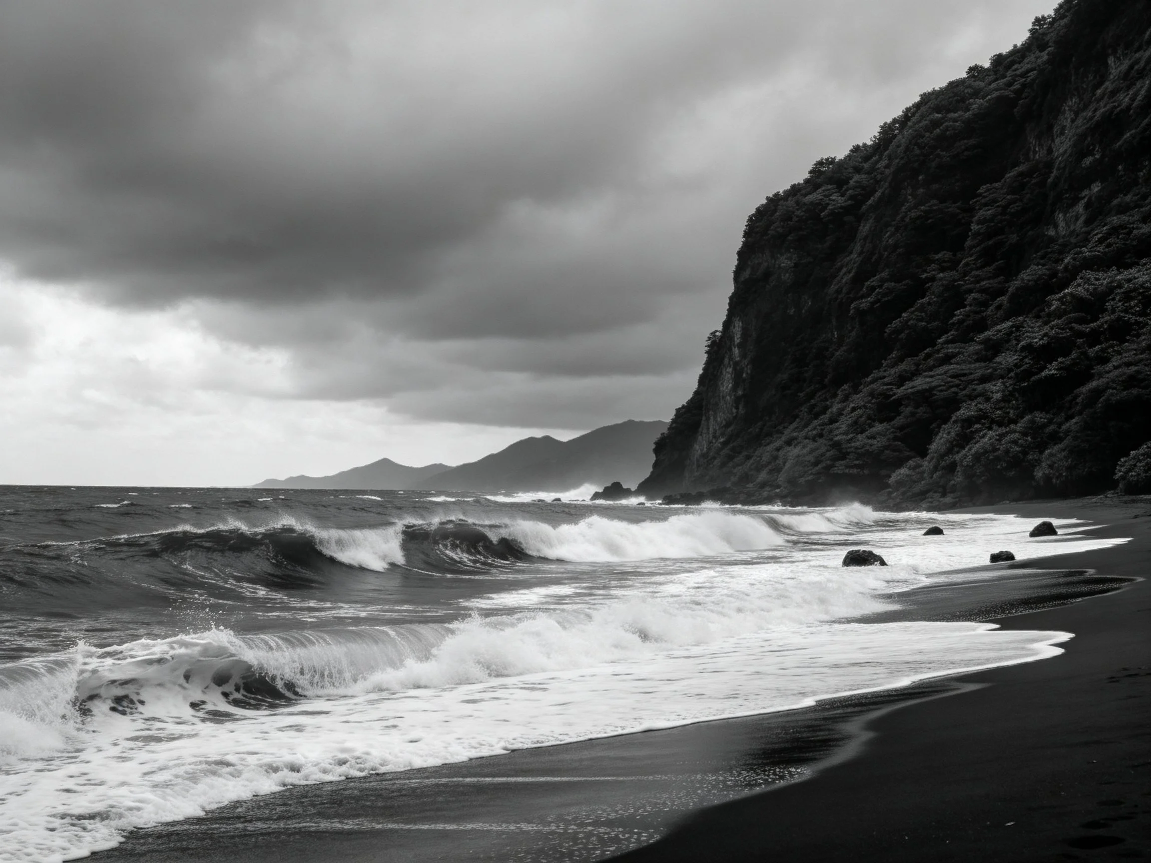 Dark stormy seas crash against rocky shore beside forested cliffs