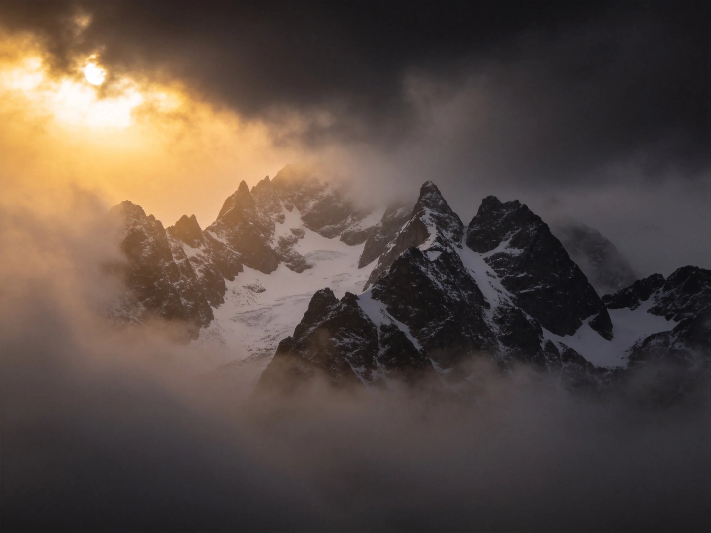 Dark stormy sky contrasts with golden mountain peak illumination