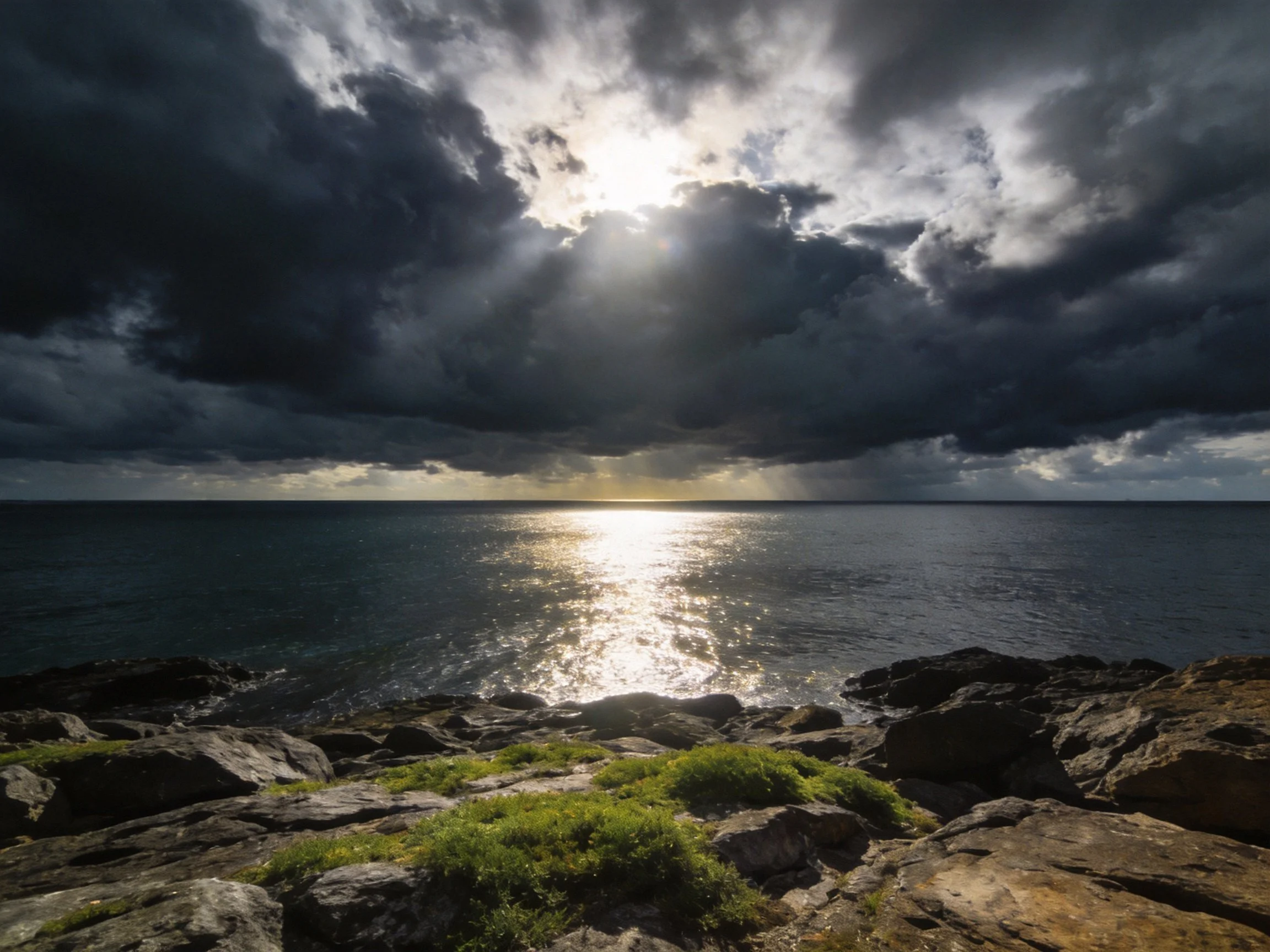 Dark stormy sky looms over calm sea with rocky shoreline