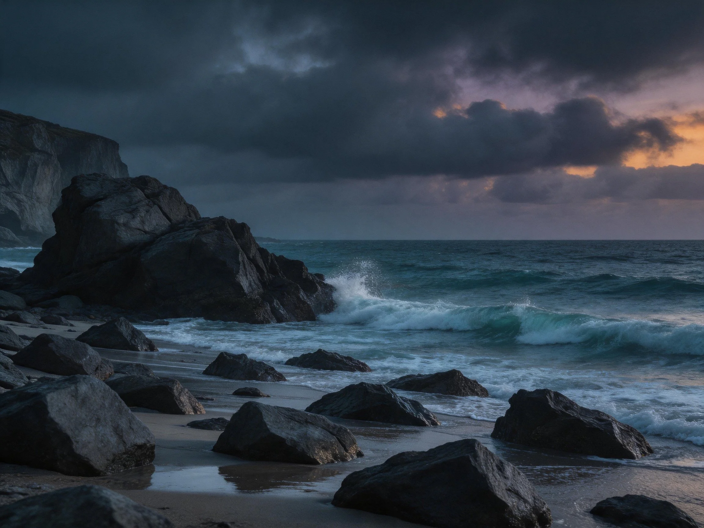Dark stormy sky looms over rugged rocky shore with crashing waves