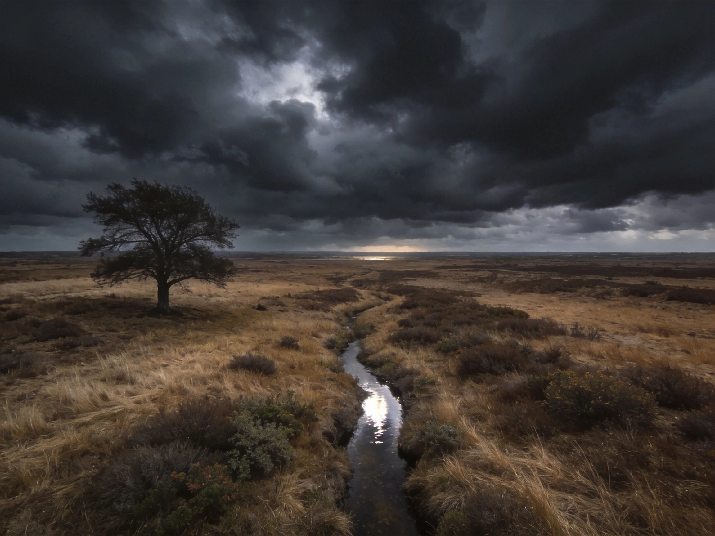 Dark stormy sky looms over vast golden field with lone tree