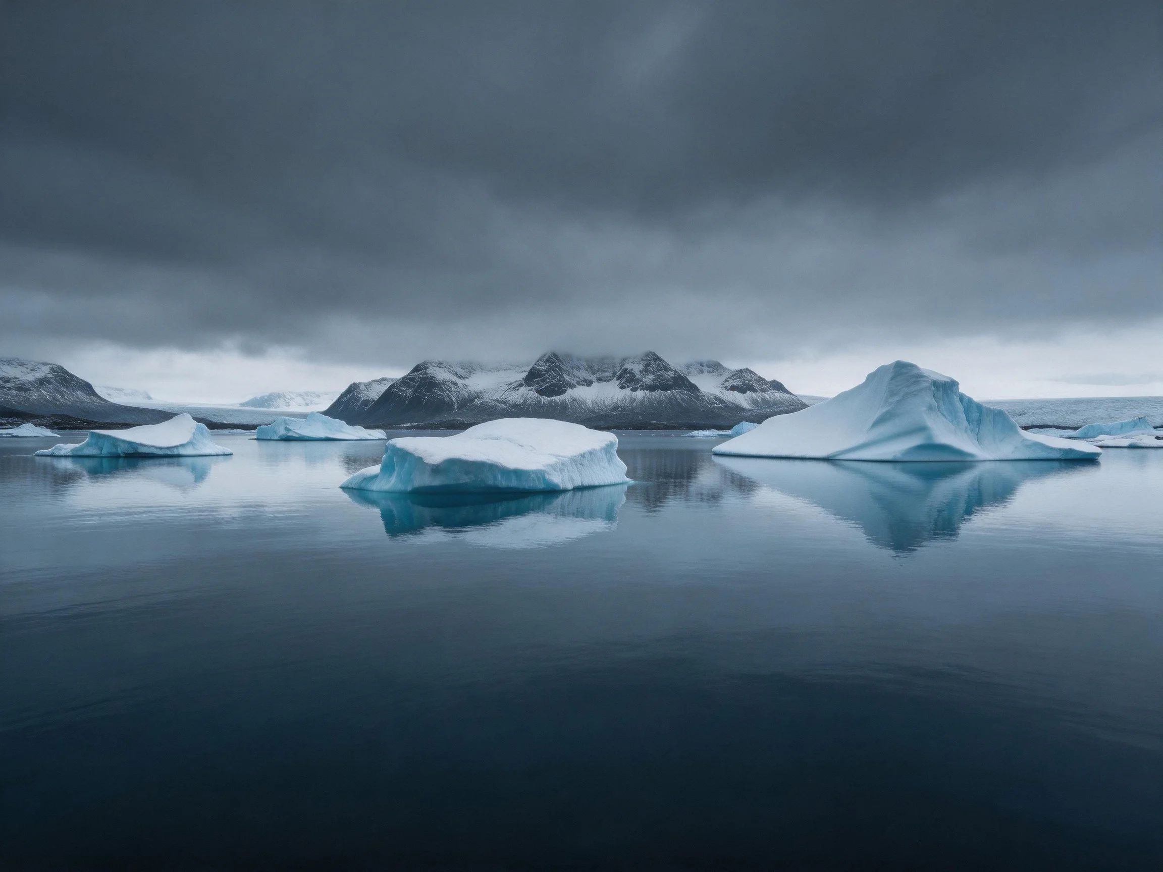 Dark stormy sky over blue-tinted icebergs and mountain backdrop