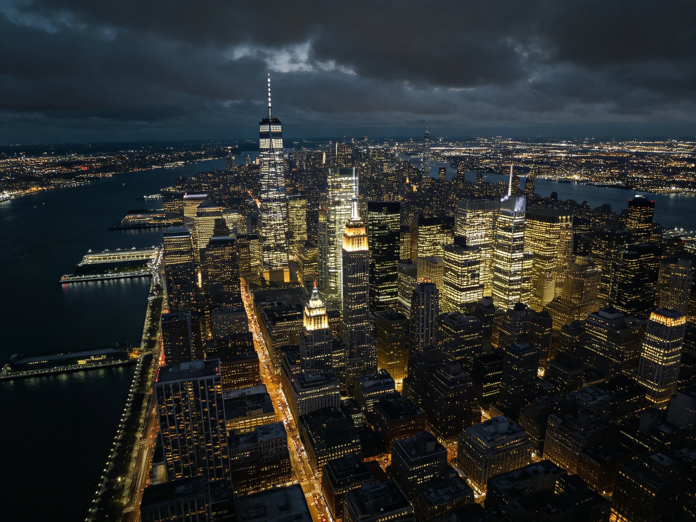 Dark stormy sky over brightly lit urban skyscraper metropolis
