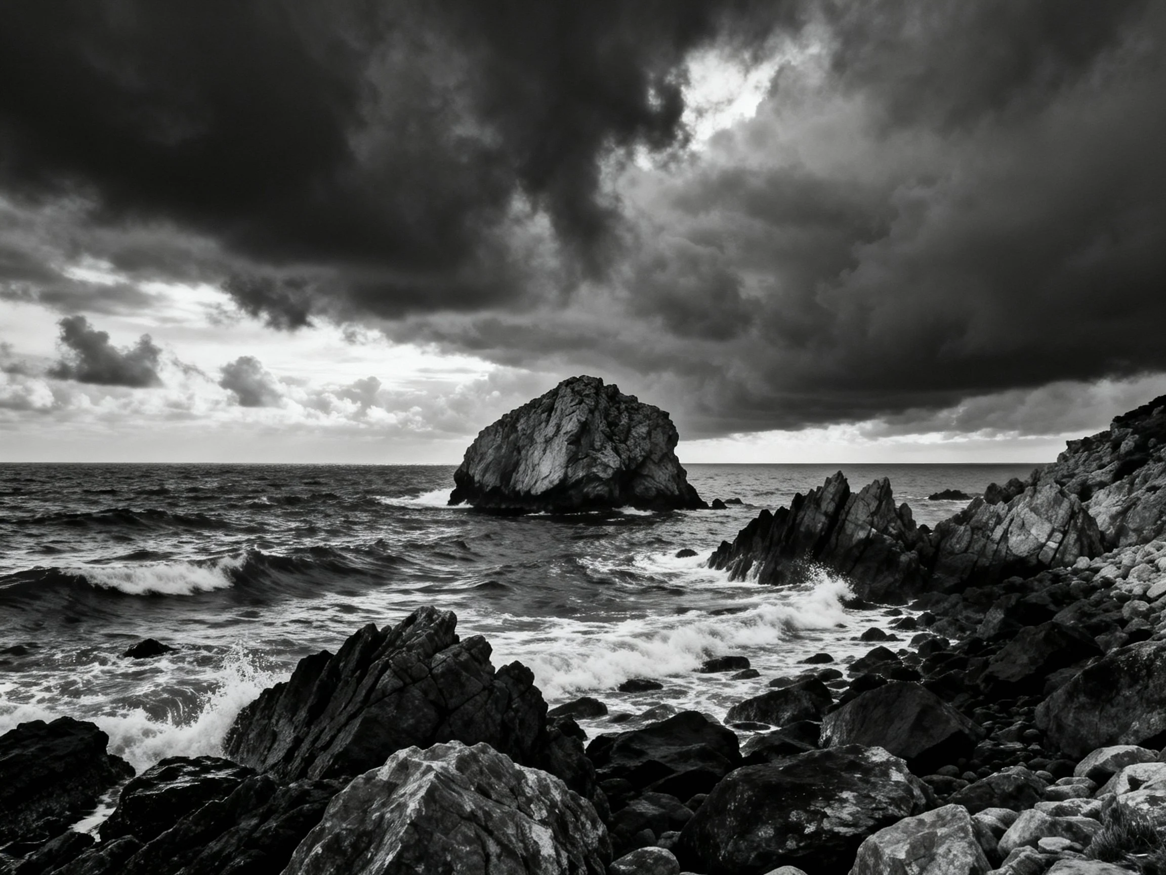 Dark stormy sky over jagged rocky coastal seascape