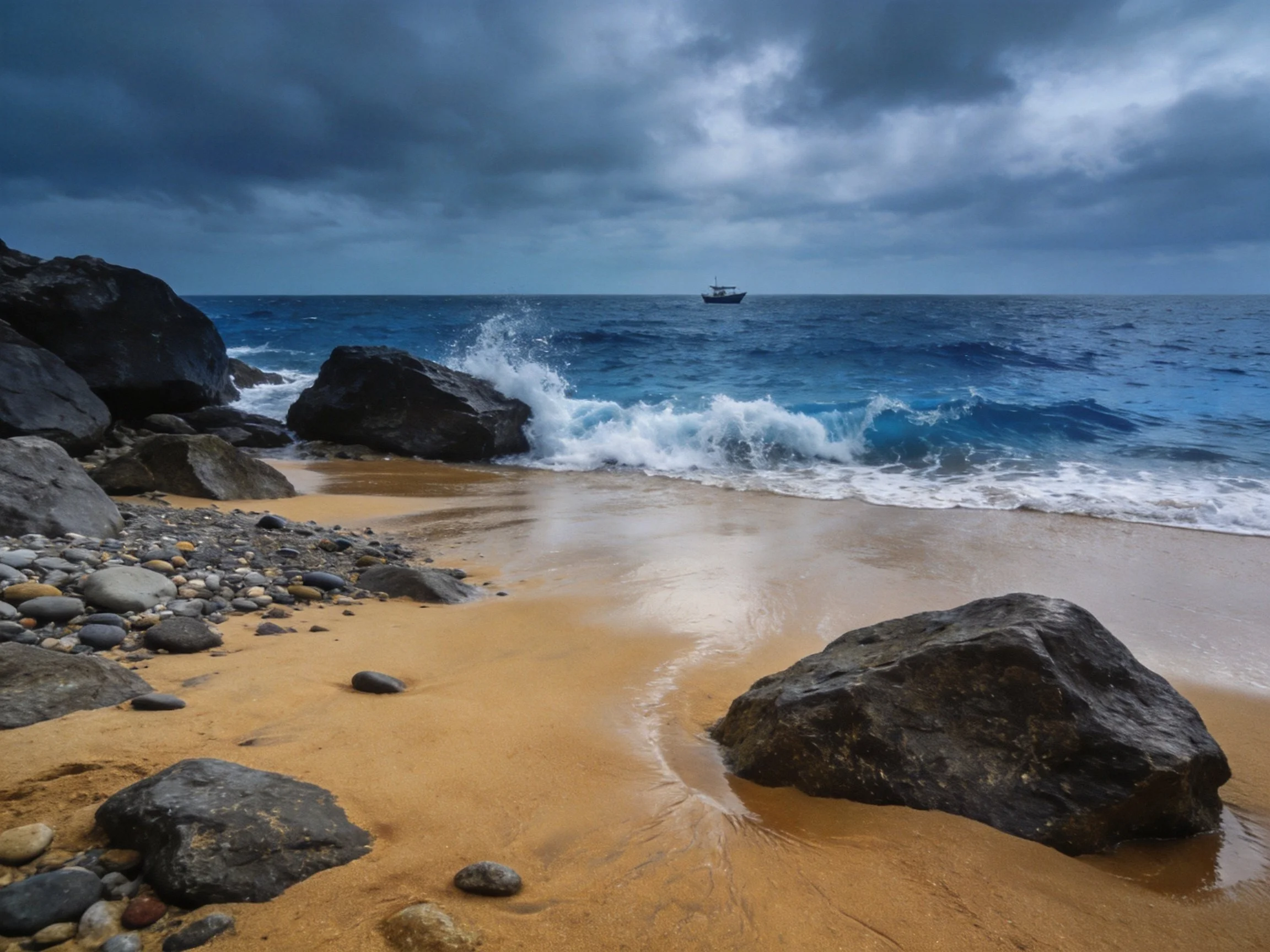 Dark stormy sky over rocky coastal shoreline with crashing waves