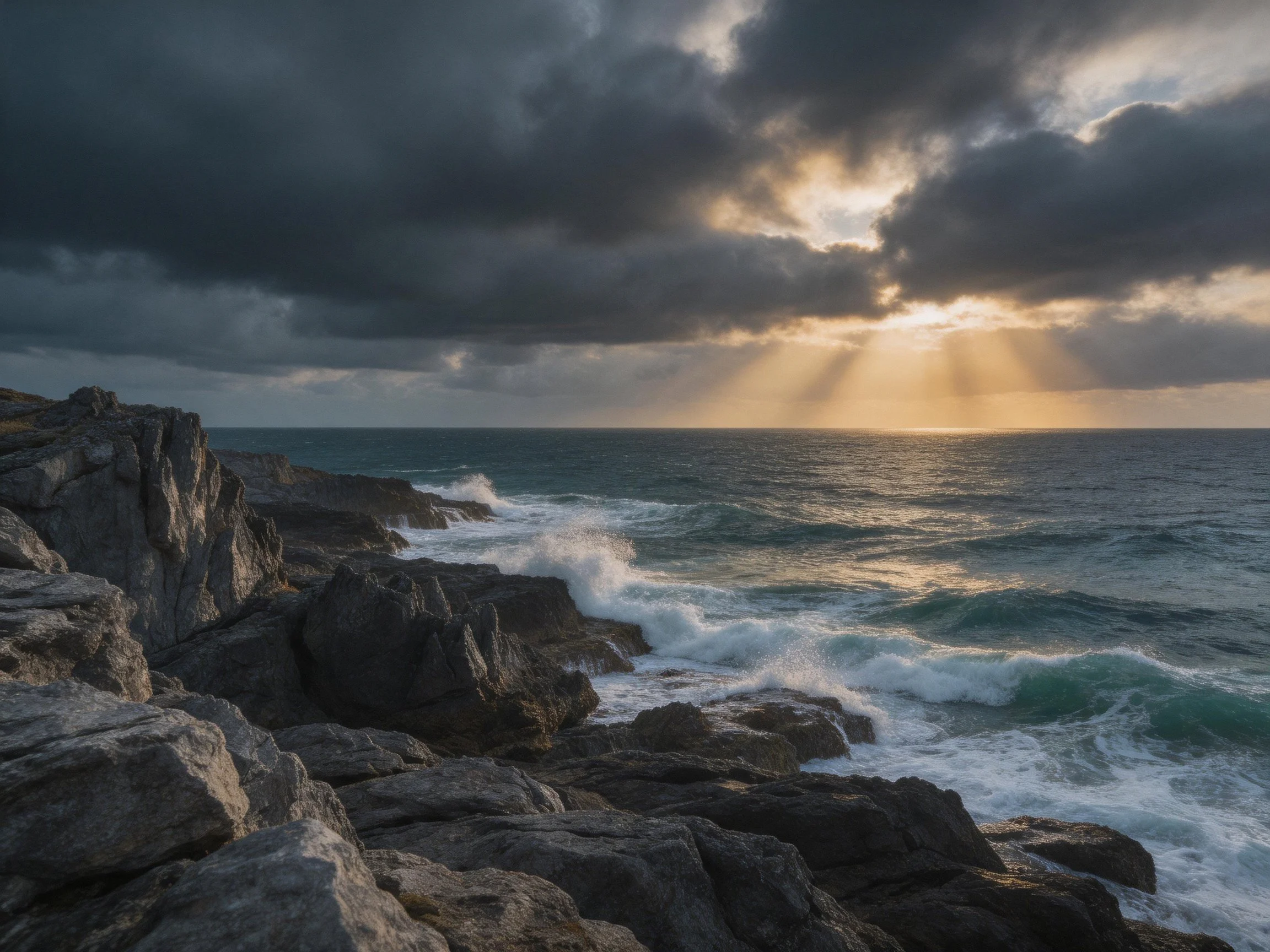 Dark stormy sky over rugged rocky coast with crashing waves