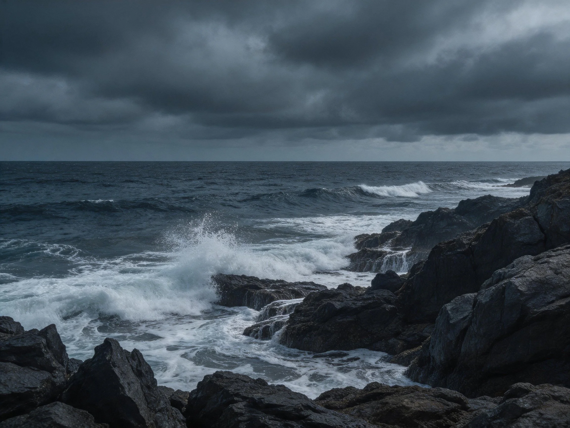 Dark stormy sky over rugged rocky coastline with crashing waves