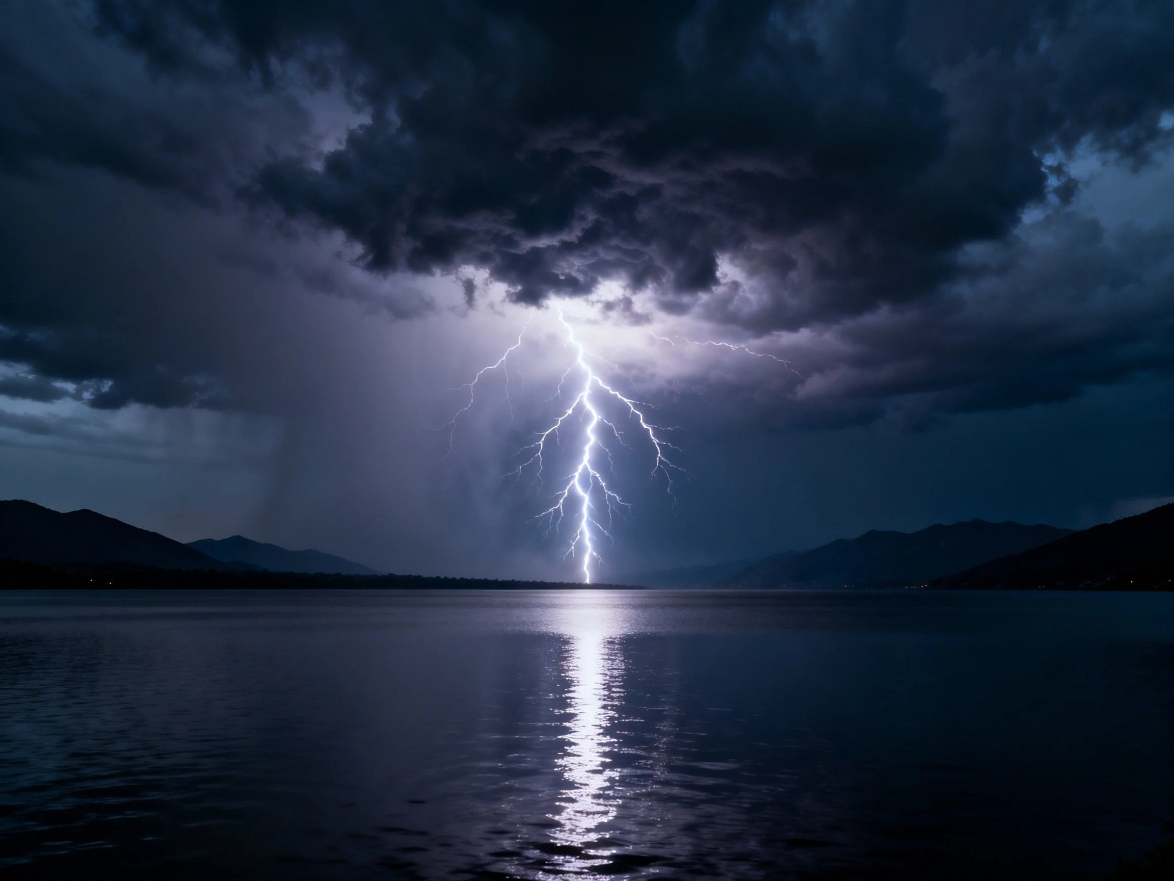 Dark stormy sky with lightning striking over calm lake