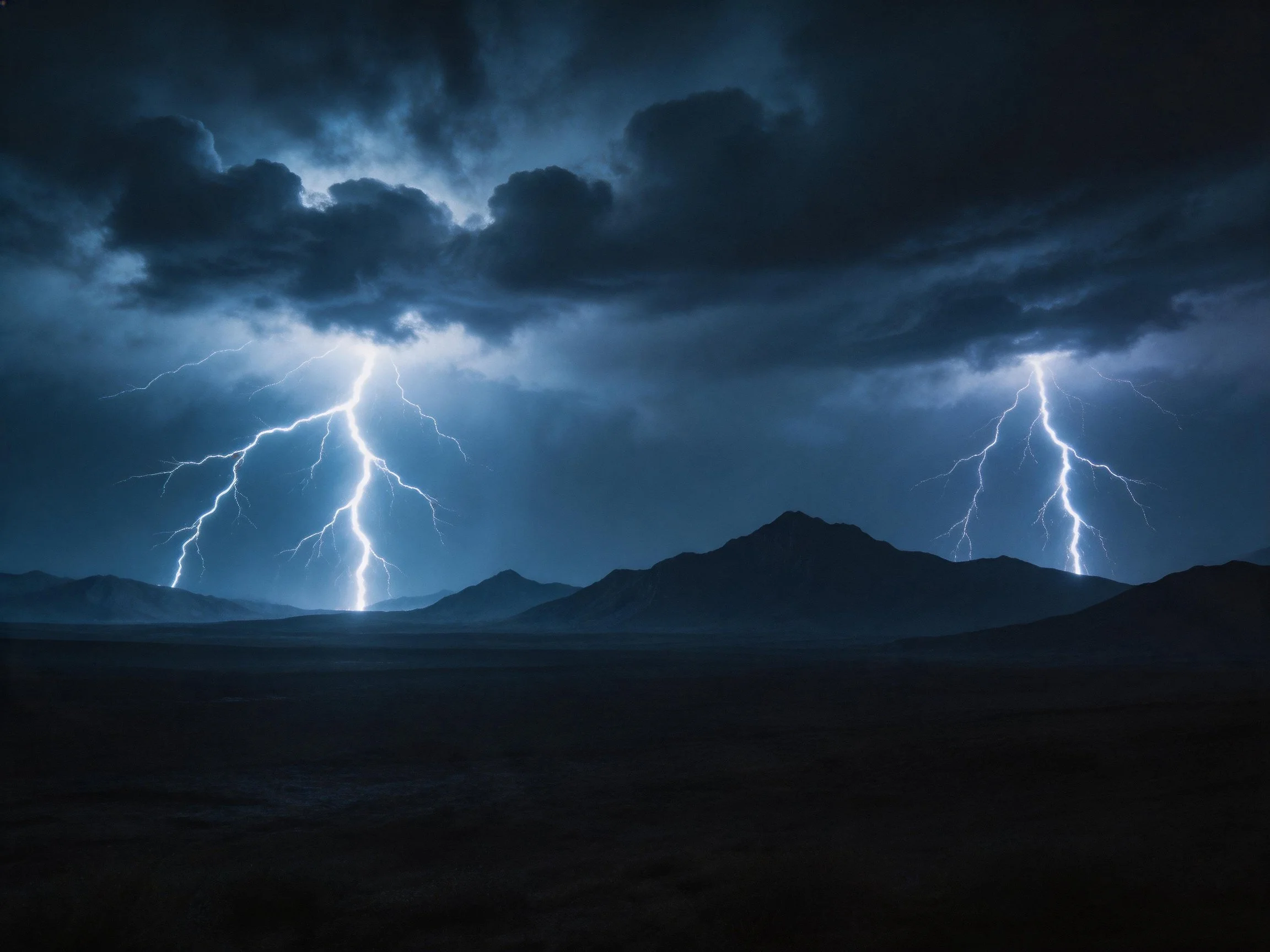 Dark stormy sky with multiple lightning bolts over mountainous terrain
