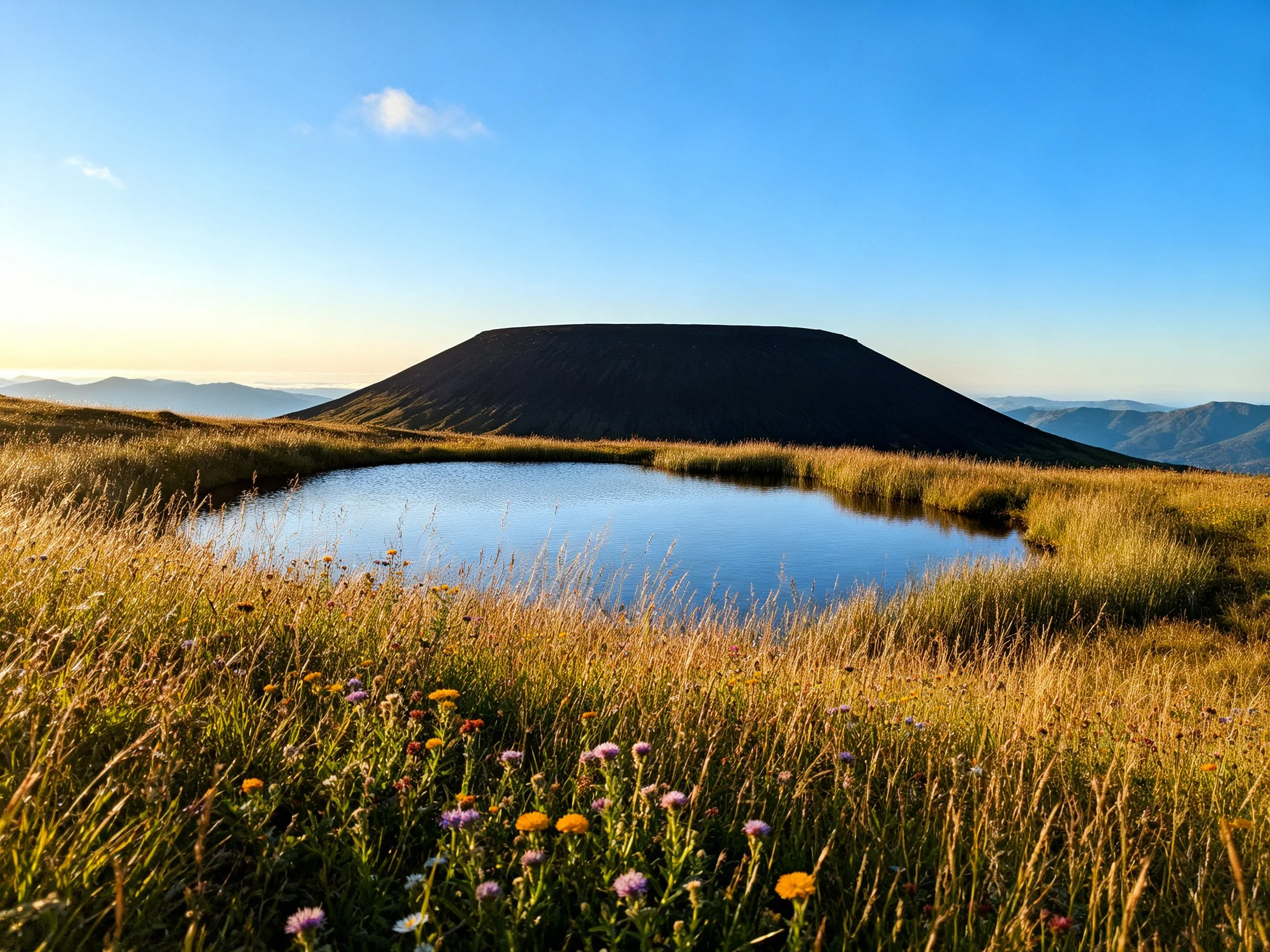Dark volcanic mound with a reflective pond in golden meadows