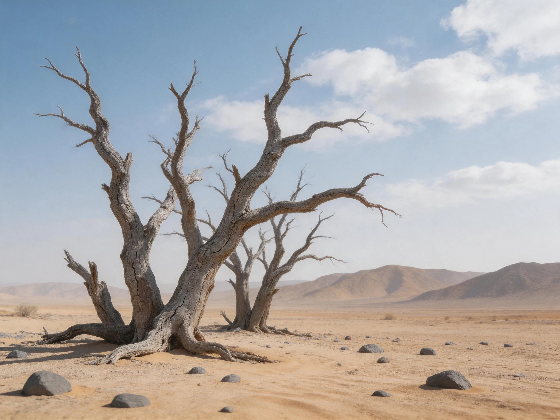 Dead gnarled trees in a vast arid desert with scattered rocks