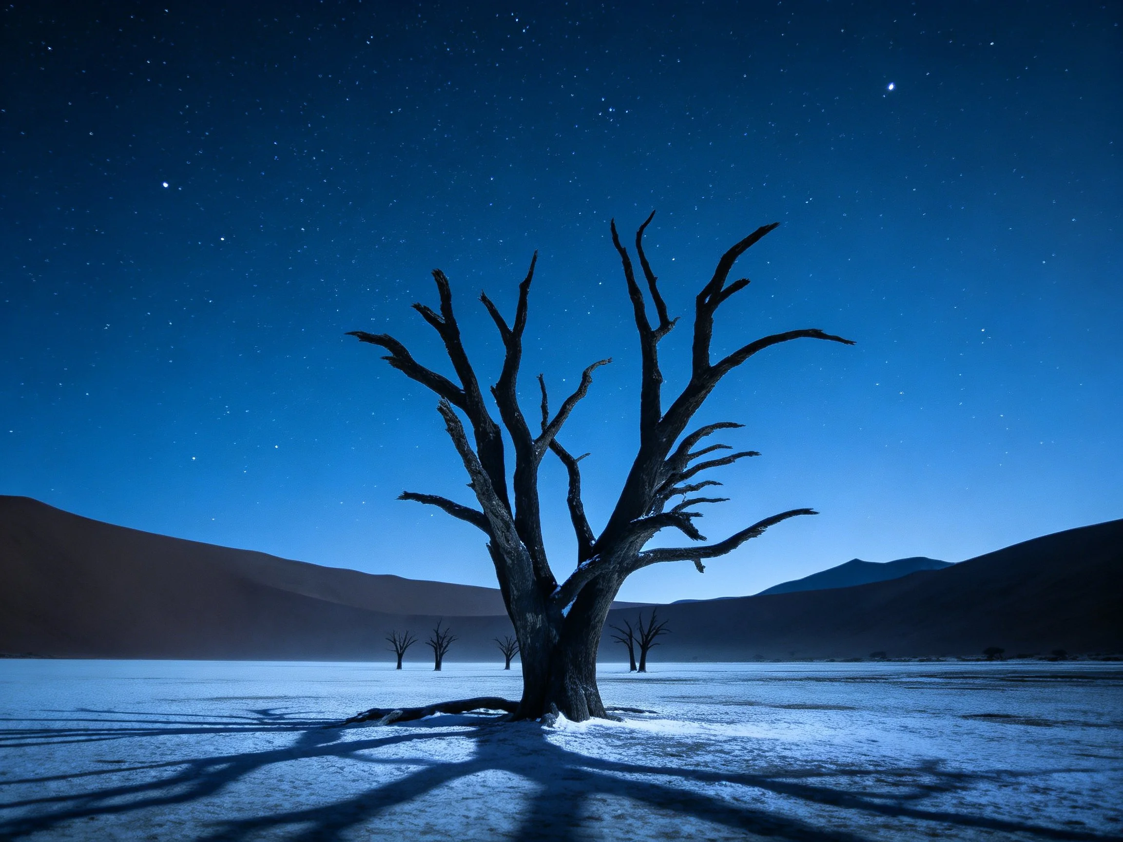 Dead trees silhouetted against starry midnight blue sky