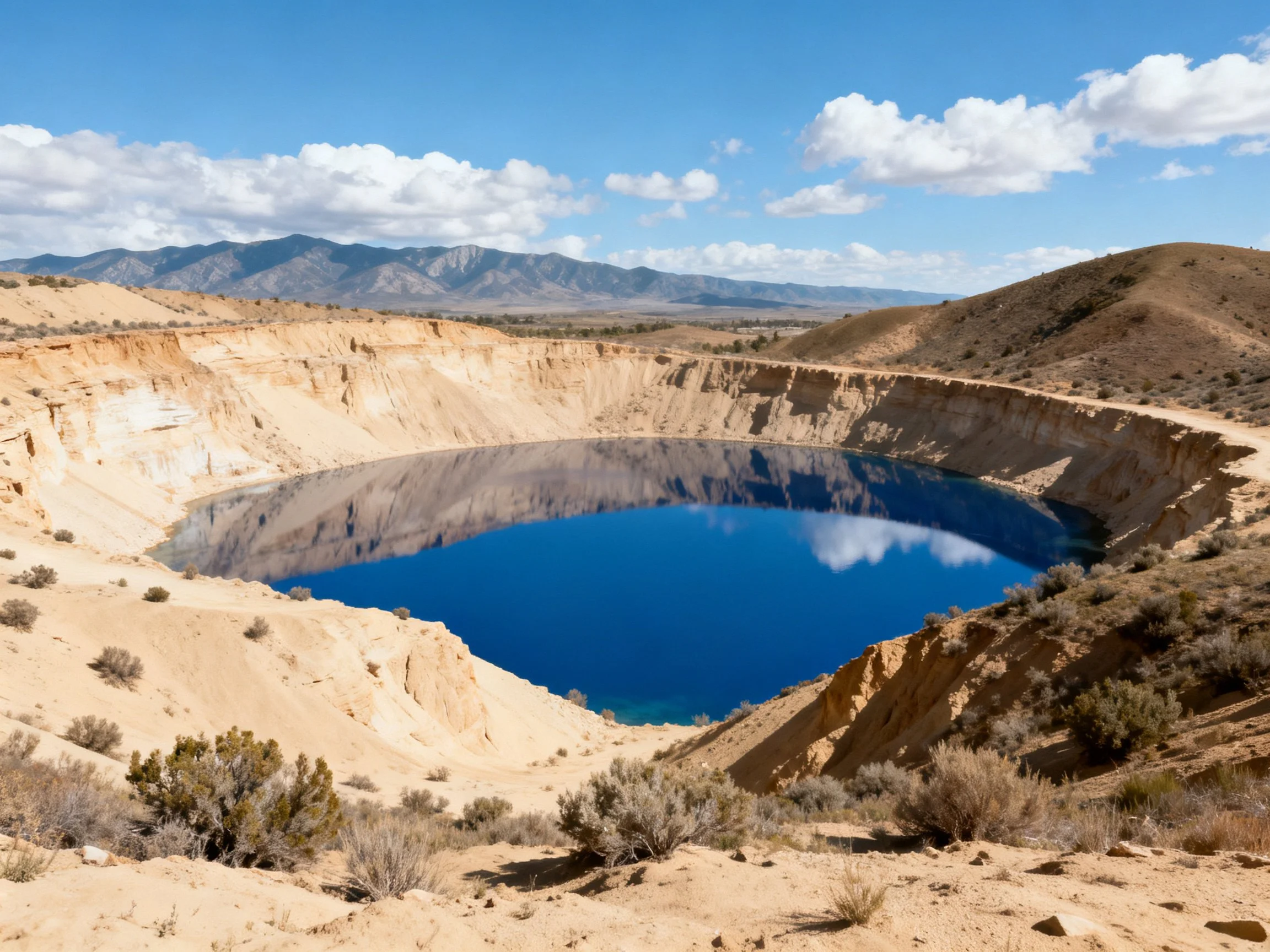 Deep blue crater lake in arid desert with distant mountains