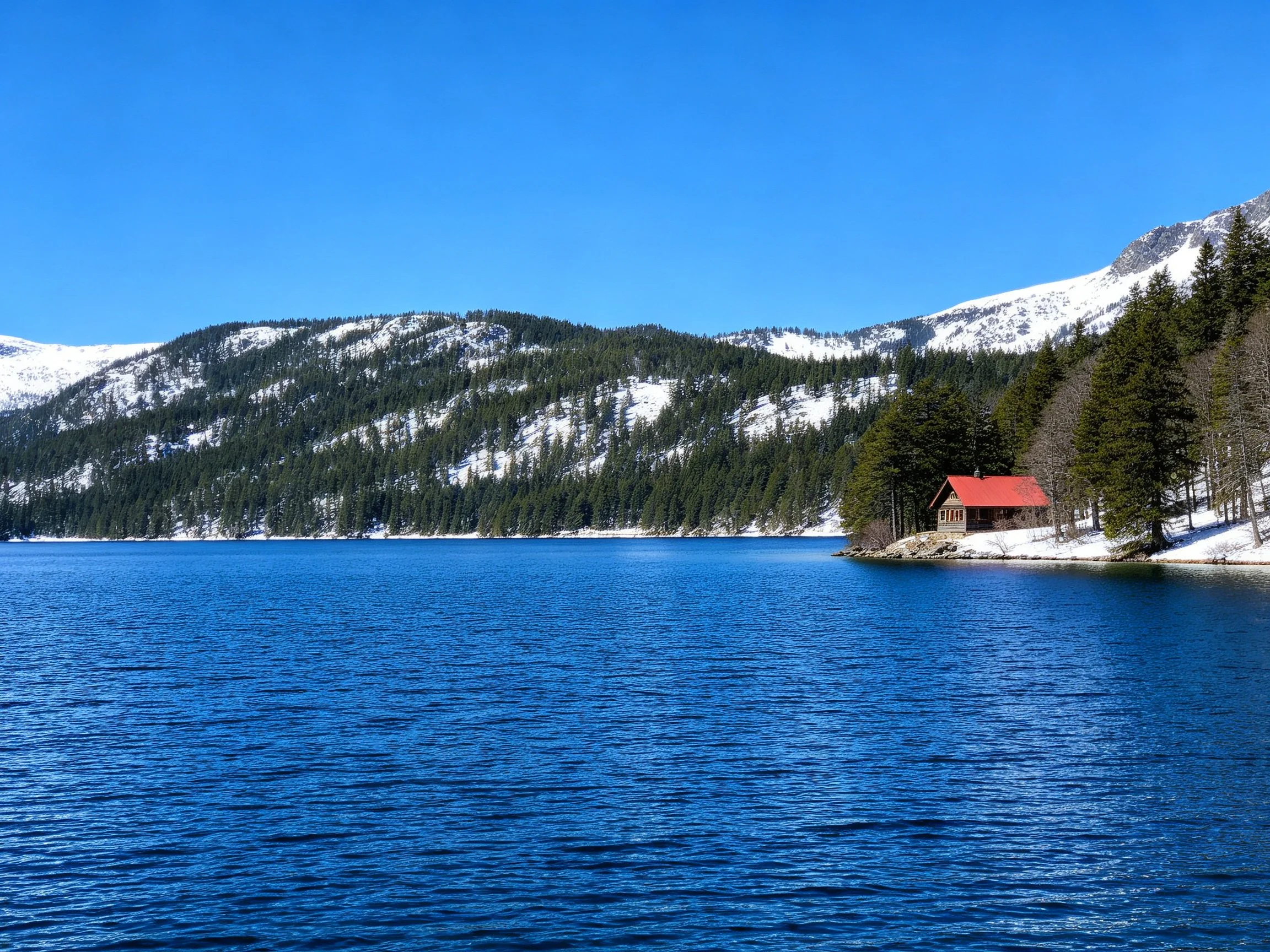 Deep blue lake beside snow-covered mountains with red-roofed cabin
