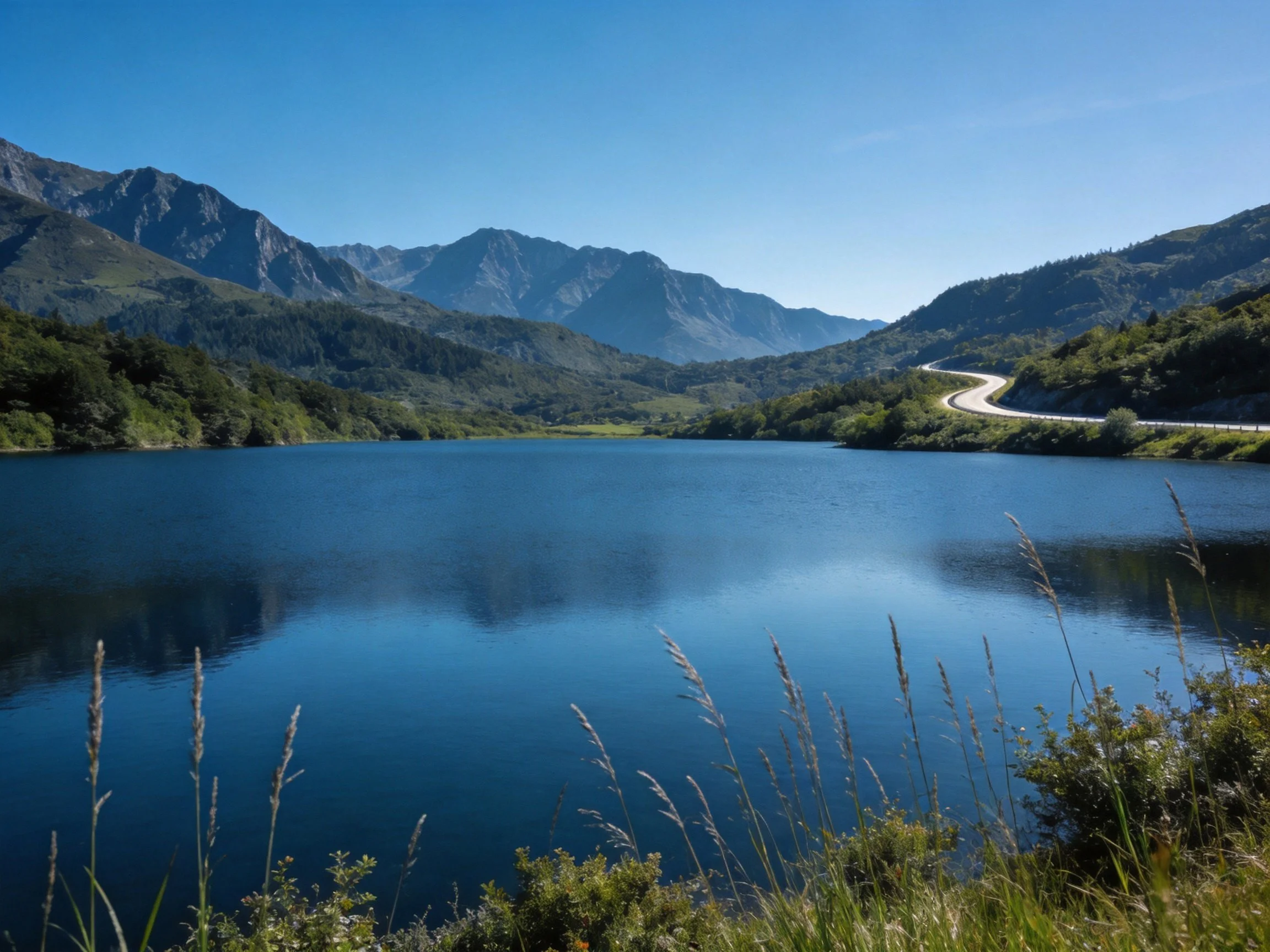 Deep blue lake with mountainous backdrop and winding road