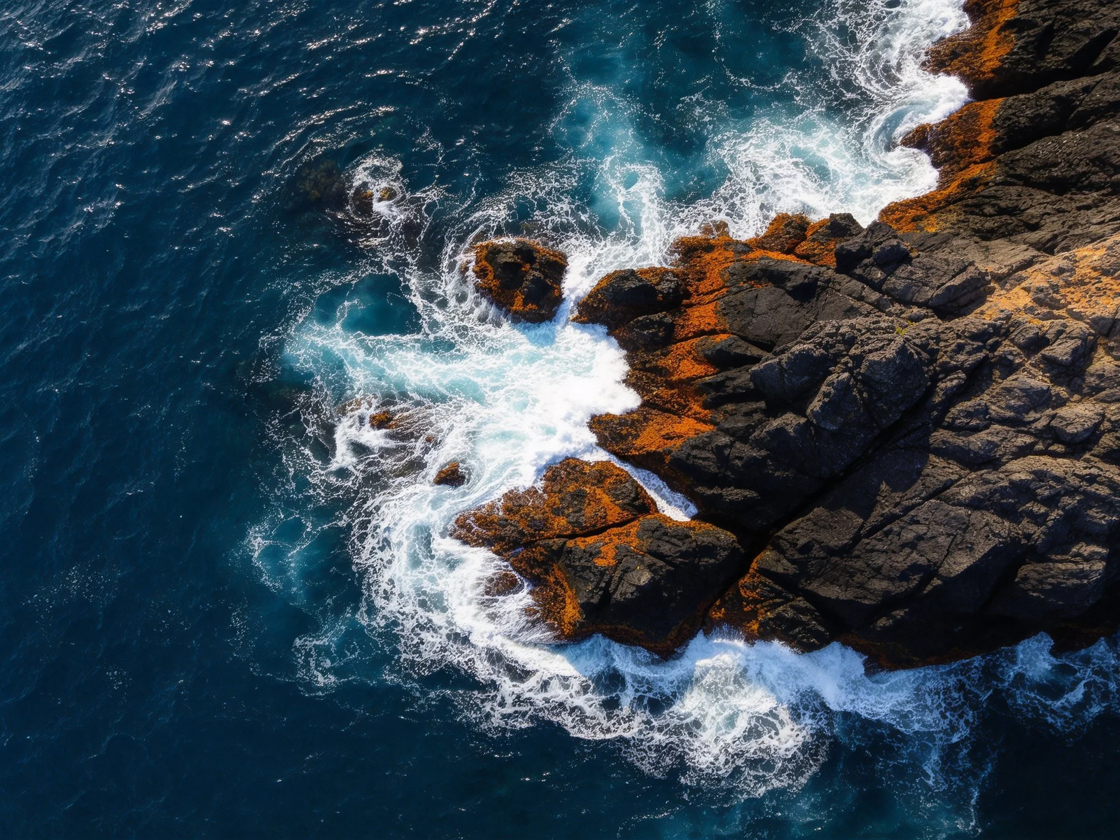 Deep blue ocean crashes against rugged, orange-hued rocky cliffs