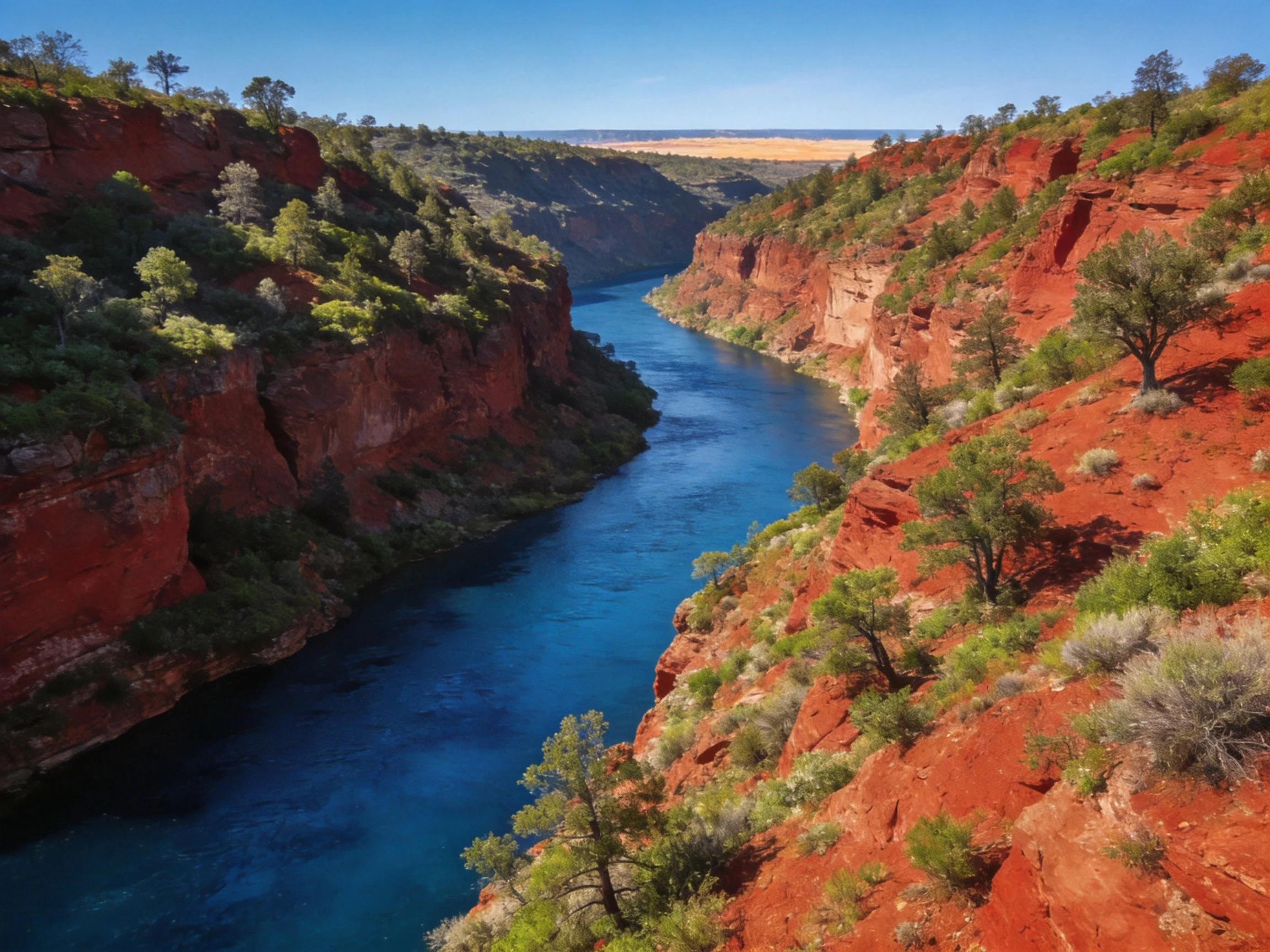 Deep blue river flows between vibrant red cliffs with lush greenery.