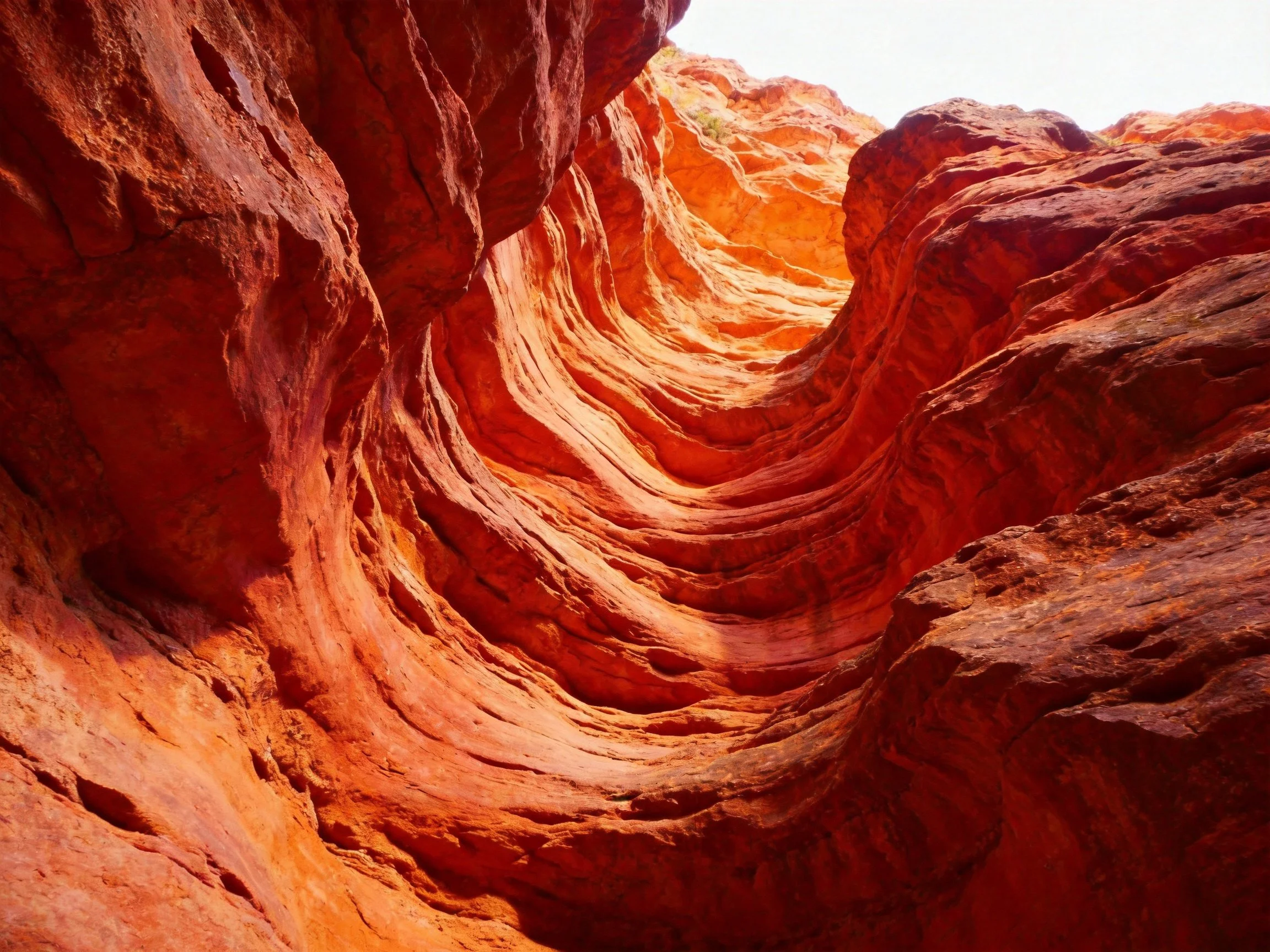 Deep red layered rock cliffs form a narrow canyon.