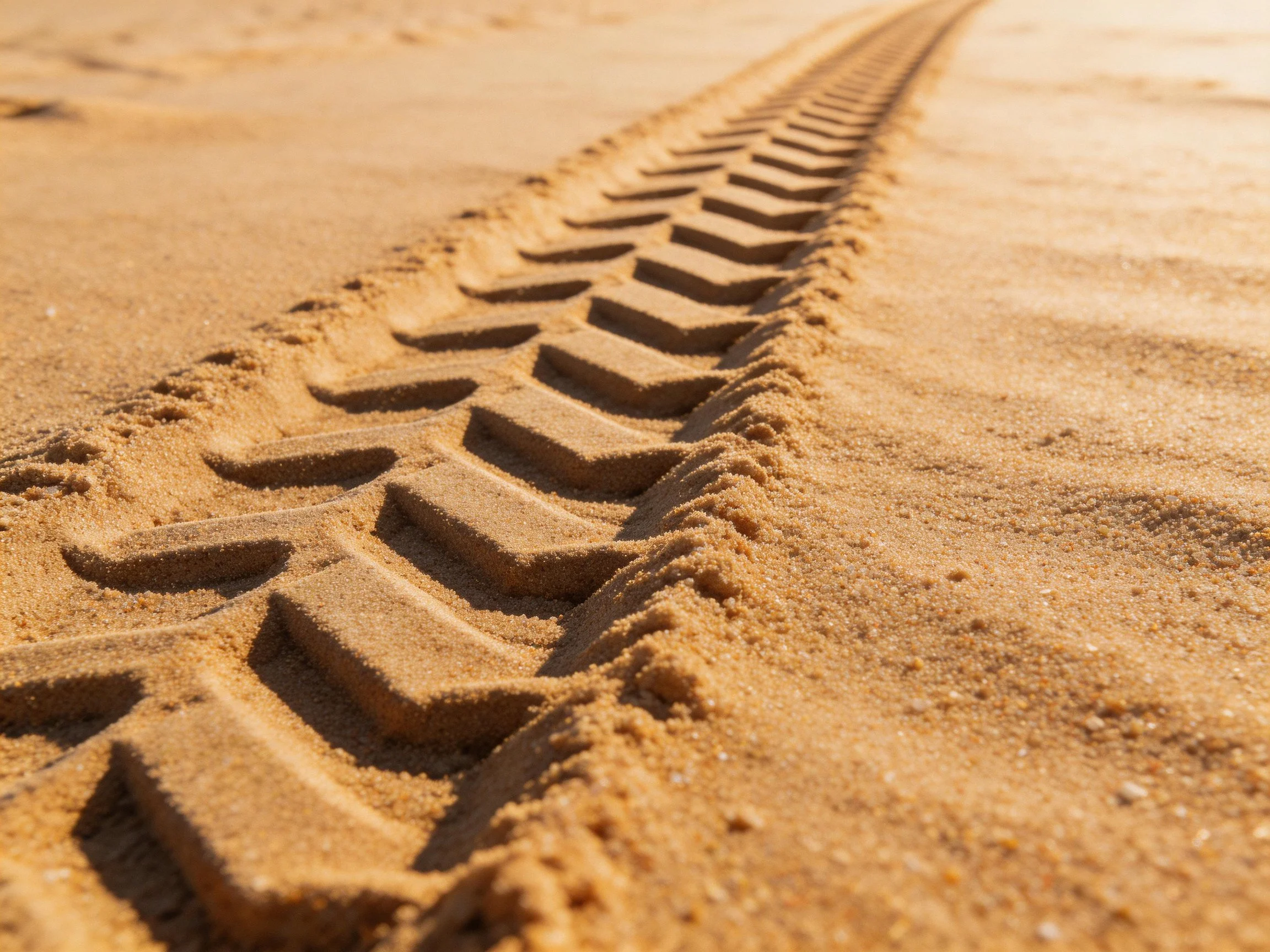 Deep tire tracks imprinted into golden sandy terrain