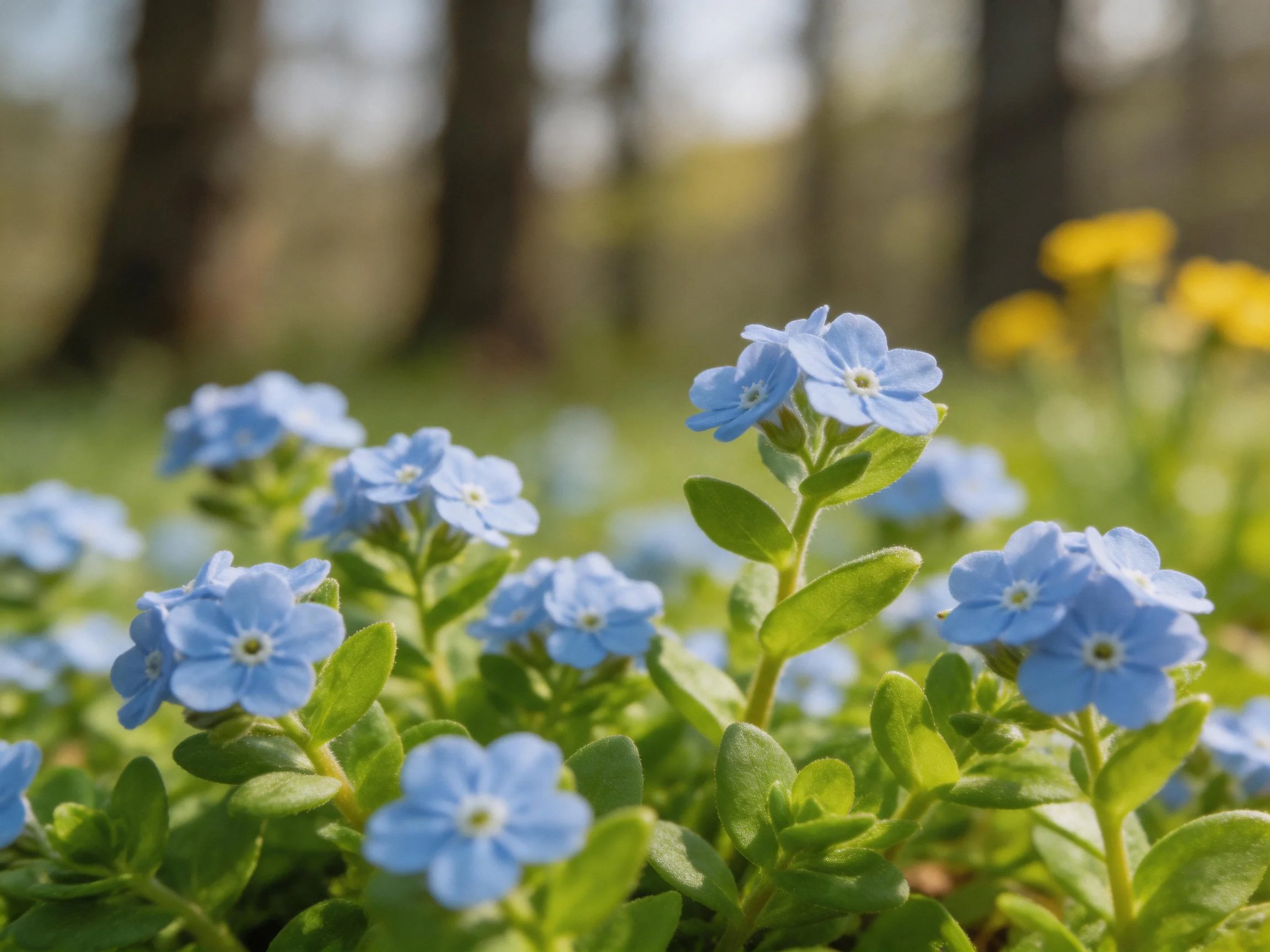 Delicate blue flowers thrive among lush green foliage with forest backdrop