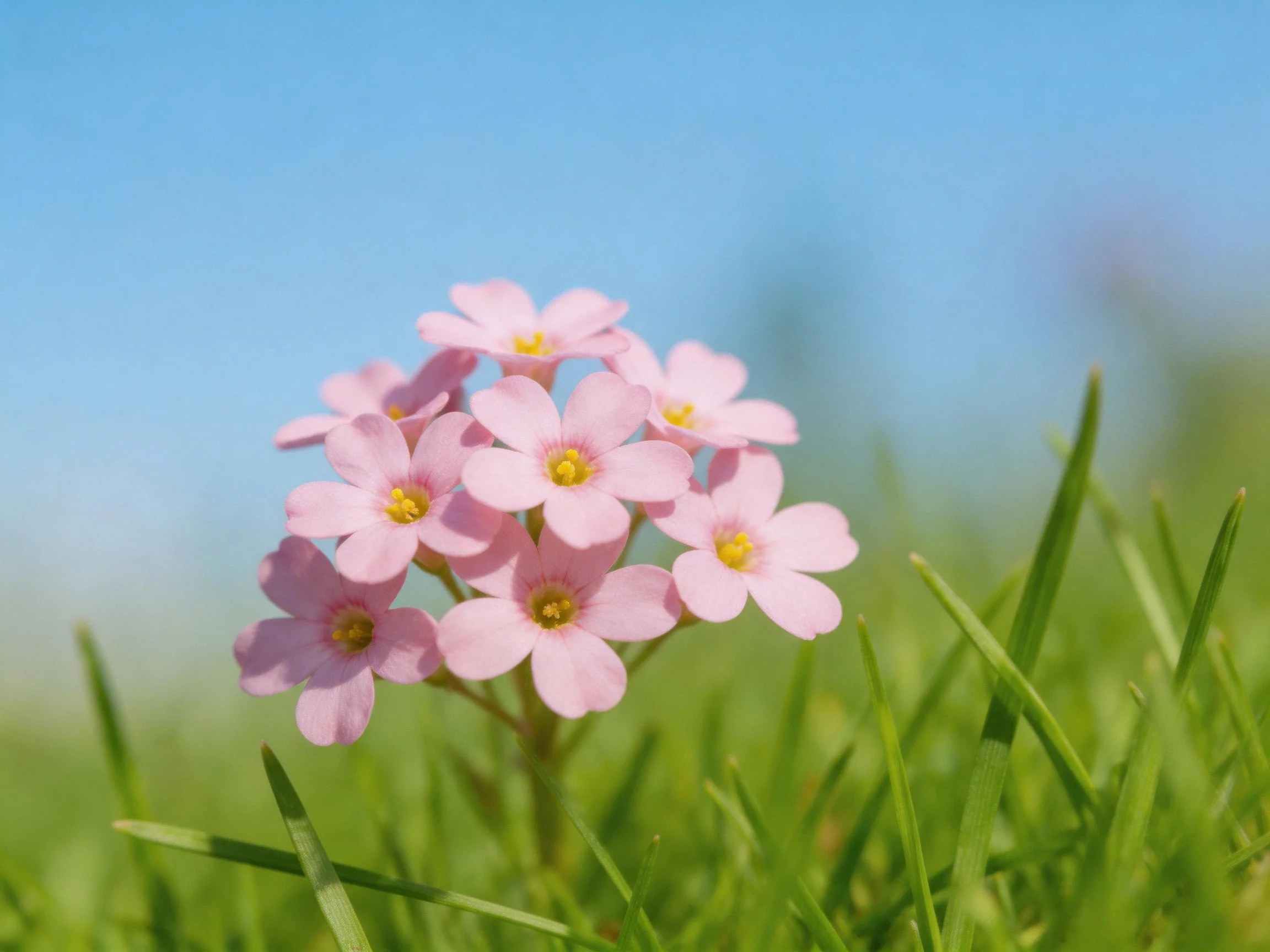Delicate pink flower cluster amidst lush green grass under bright blue sky