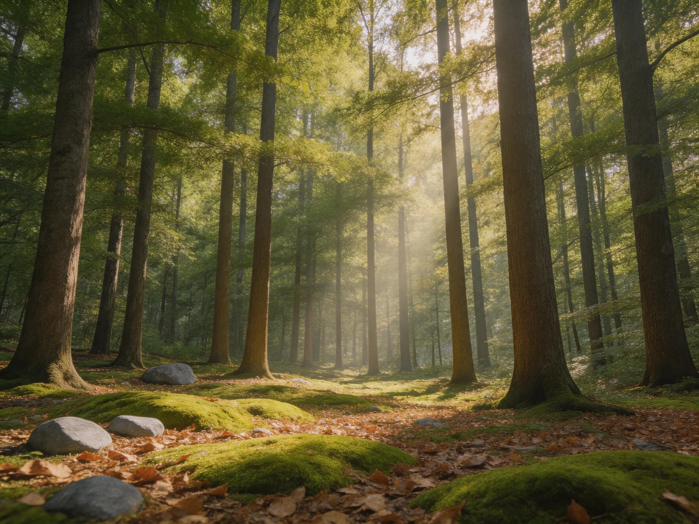 Dense Sunlit Forest with Tall Trees, Moss, and Rocks